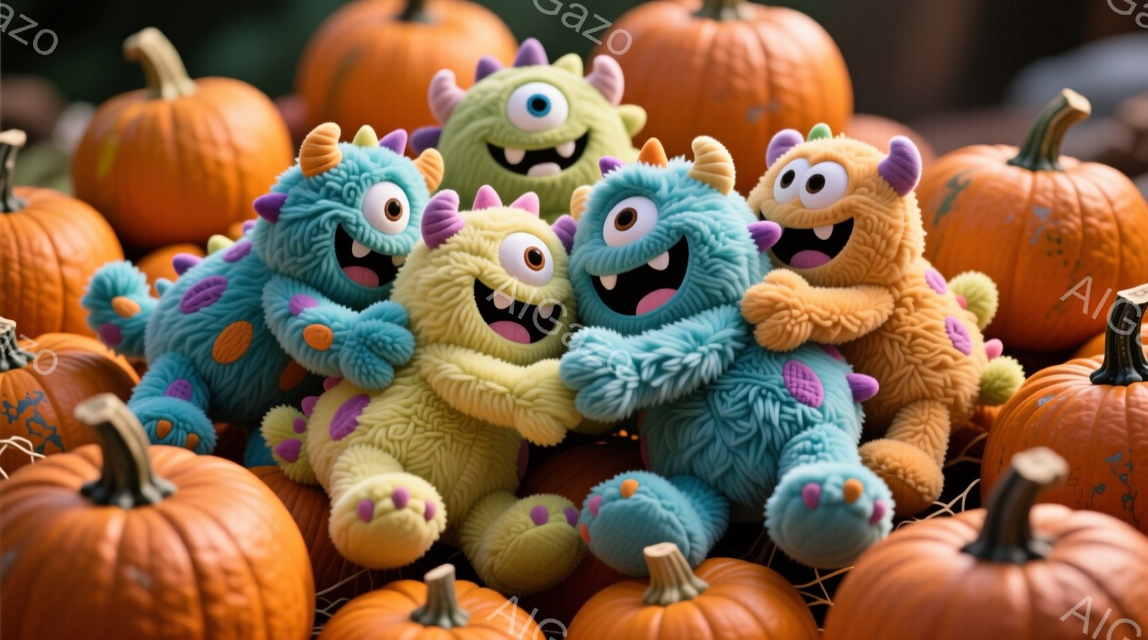 明るいオレンジ色のカボチャに囲まれた、青と黄色のモンスターのぬいぐるみたちが写っています。彼らは楽しそうに笑い、お互いに寄り添い、活気に満ちた陽気な雰囲気を作り出しています。背景には、さらに多くのカボ - AI生成フリー素材