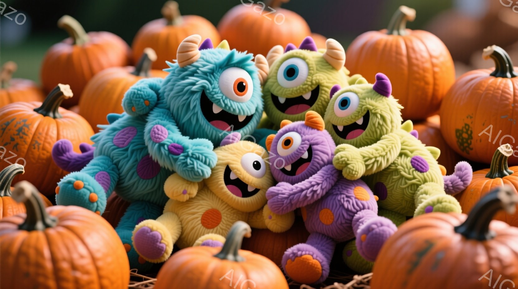複数の毛糸で作られたようなモンスターのぬいぐるみたちが、オレンジ色のカボチャに囲まれて寄り添っている様子が描かれている。それぞれのぬいぐるみは、紫、緑、青、黄色といった鮮やかな色をしており、大きな目と - AI生成フリー素材