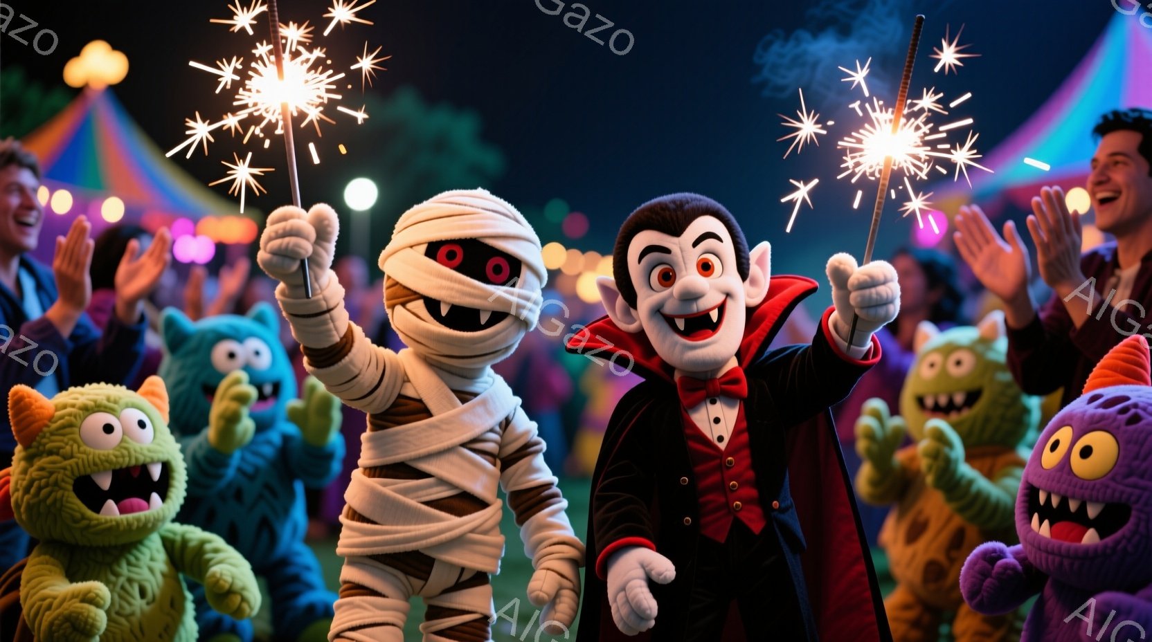 ハロウィーンを祝うモンスターたちが写っており、包帯でぐるぐる巻きになったミイラと、タキシードを着た吸血鬼が中心に立っています。背景には観客やカラフルな遊園地の装飾、夜空には花火が打ち上げられ、楽しげな - AI生成フリー素材