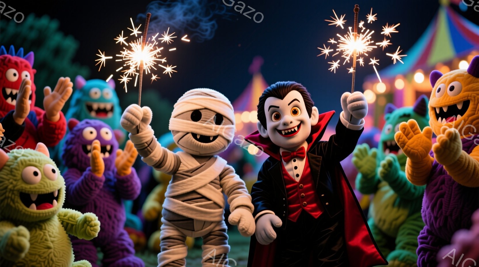 ハロウィーンの衣装を着た様々なモンスターたちが、夜の遊園地で花火を楽しんでいます。吸血鬼は黒い燕尾服と赤いマントを着て、片手に花火を持ってポーズをとっており、ミイラは包帯で全身を覆っています。背景には - AI生成フリー素材