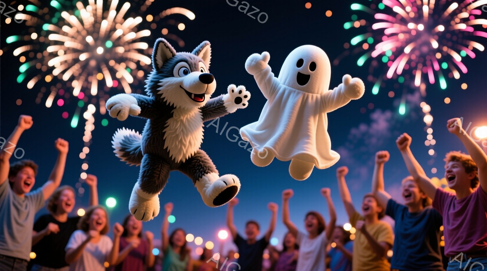 夜空に花火が咲き乱れる中、狼の着ぐるみを着た人物と幽霊の着ぐるみを着た人物がジャンプしている。観客たちは歓声を上げ、手を高く掲げている様子から、お祭りやイベントの賑やかな雰囲気が伝わってくる。背景にはぼやけた建物や街灯が見え、夜の闇に彩られた活気のある光景が広がっている。