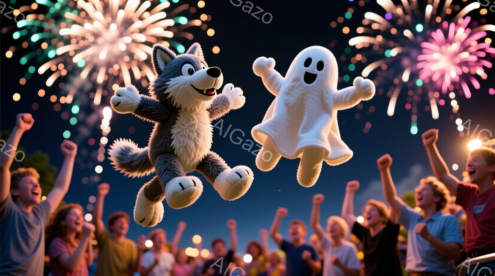 夜空に花火が咲き乱れる中、狼の着ぐるみを着た人物と幽霊の着ぐるみを着た人物が飛び跳ねています。観客は皆、腕を上げて歓声をあげており、お祭りのような賑やかな雰囲気が漂っています。背景には木々が見え、夜空は暗く、楽しげな夏の夜のイベントの様子が伺えます。
