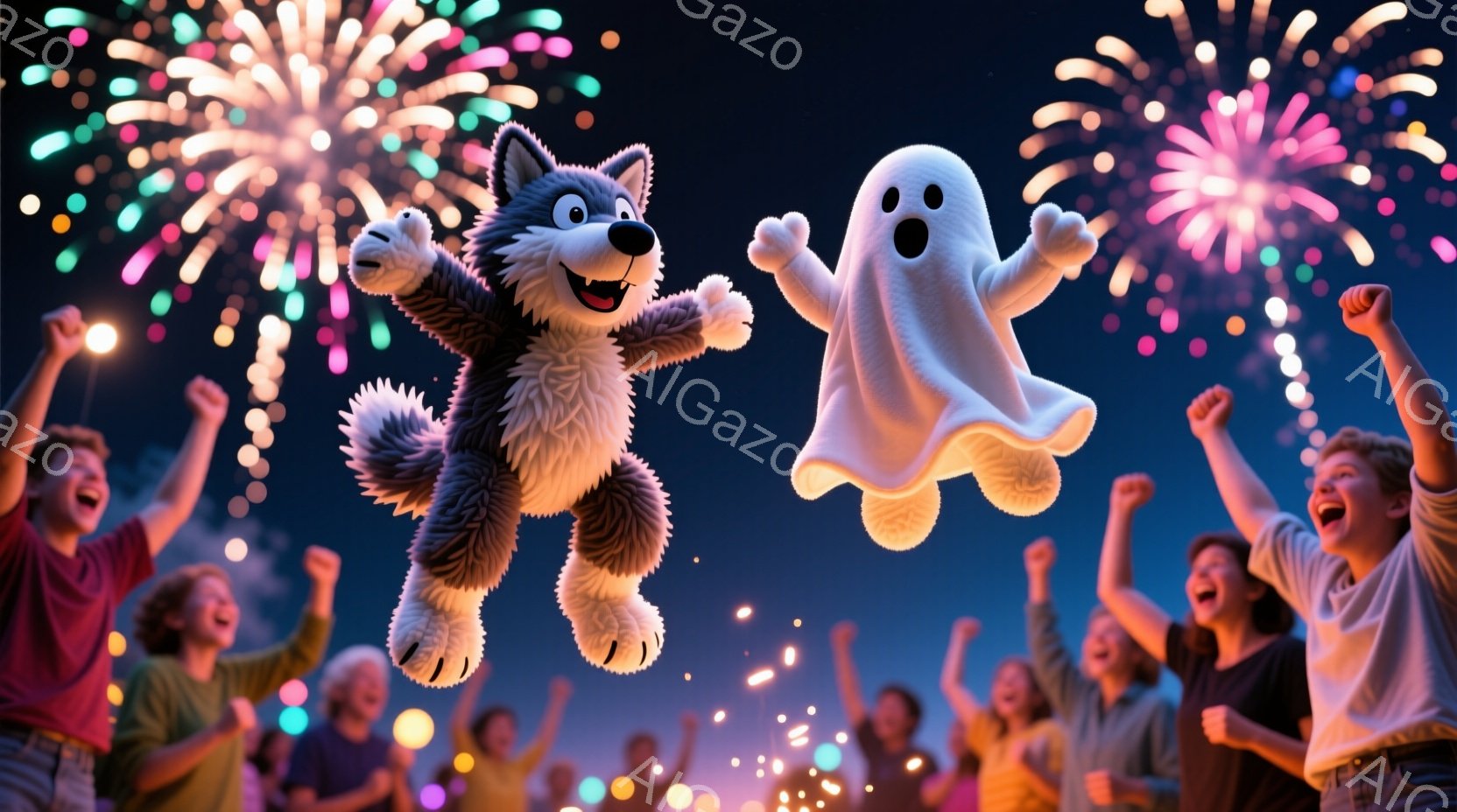 狼のキャラクターと幽霊が、歓声を上げる人々に囲まれて宙に浮いています。人々は様々な色の服を着ており、手を上げてお祝いの雰囲気を楽しんでいます。背景には夜空に打ち上げられたカラフルな花火が広がり、お祭りやイベントのような活気のある光景を作り出しています。