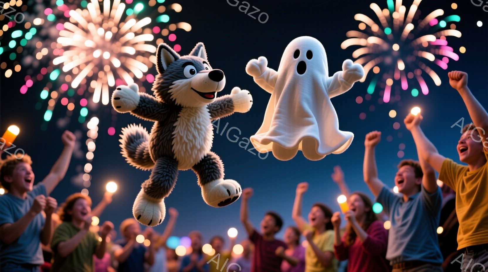 歓声を上げる群衆を背景に、狼のキャラクターと幽霊が空中に浮かんでいます。群衆は様々なカジュアルな服装で、興奮した表情を浮かべています。背景には花火が打ち上げられ、夜空を彩り、お祭りやイベントのような、活気に満ちたお祝いの雰囲気です。
