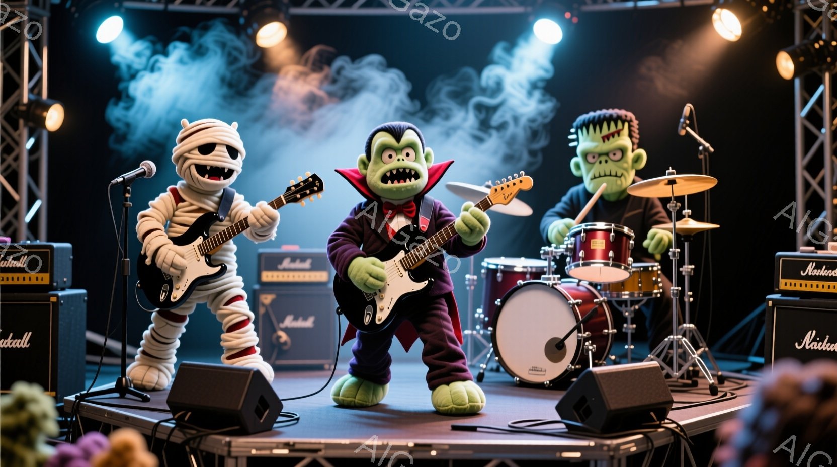 舞台の上で、ミイラ男、ドラキュラ、フランケンシュタインのモンスターバンドが演奏しています。ミイラ男はギターを弾き、ドラキュラはソロギターを弾き、フランケンシュタインはドラムを叩いています。背景にはスピーカーや照明があり、青い煙が立ち込め、ライブ会場のような熱狂的な雰囲気が漂っています。