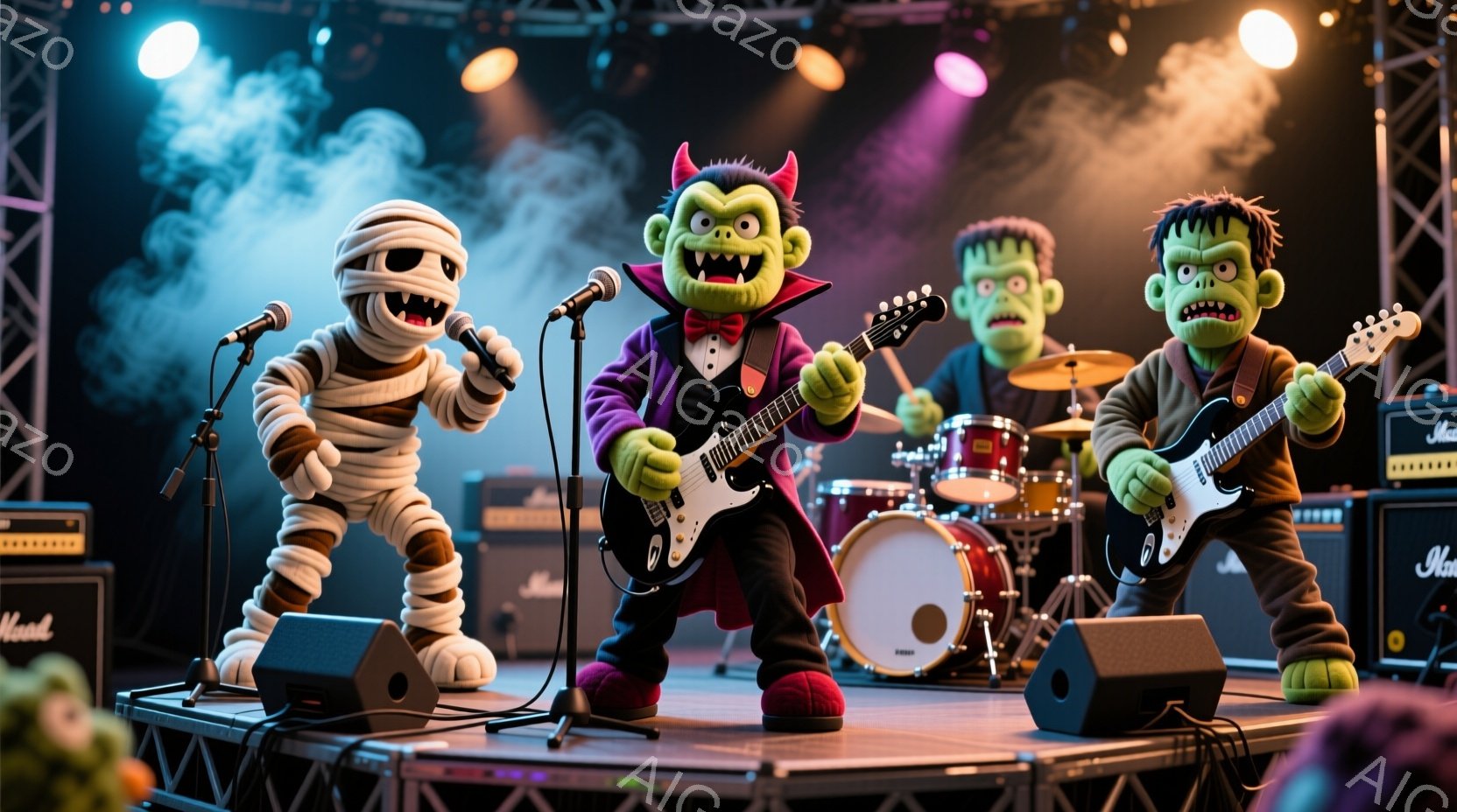 ハロウィーンのモンスターバンドがステージで演奏している様子が描かれています。ミイラ、ドラキュラ、フランケンシュタインのモンスターが、それぞれマイク、ギター、ドラムを演奏しており、楽しそうな表情をしてい - AI生成フリー素材