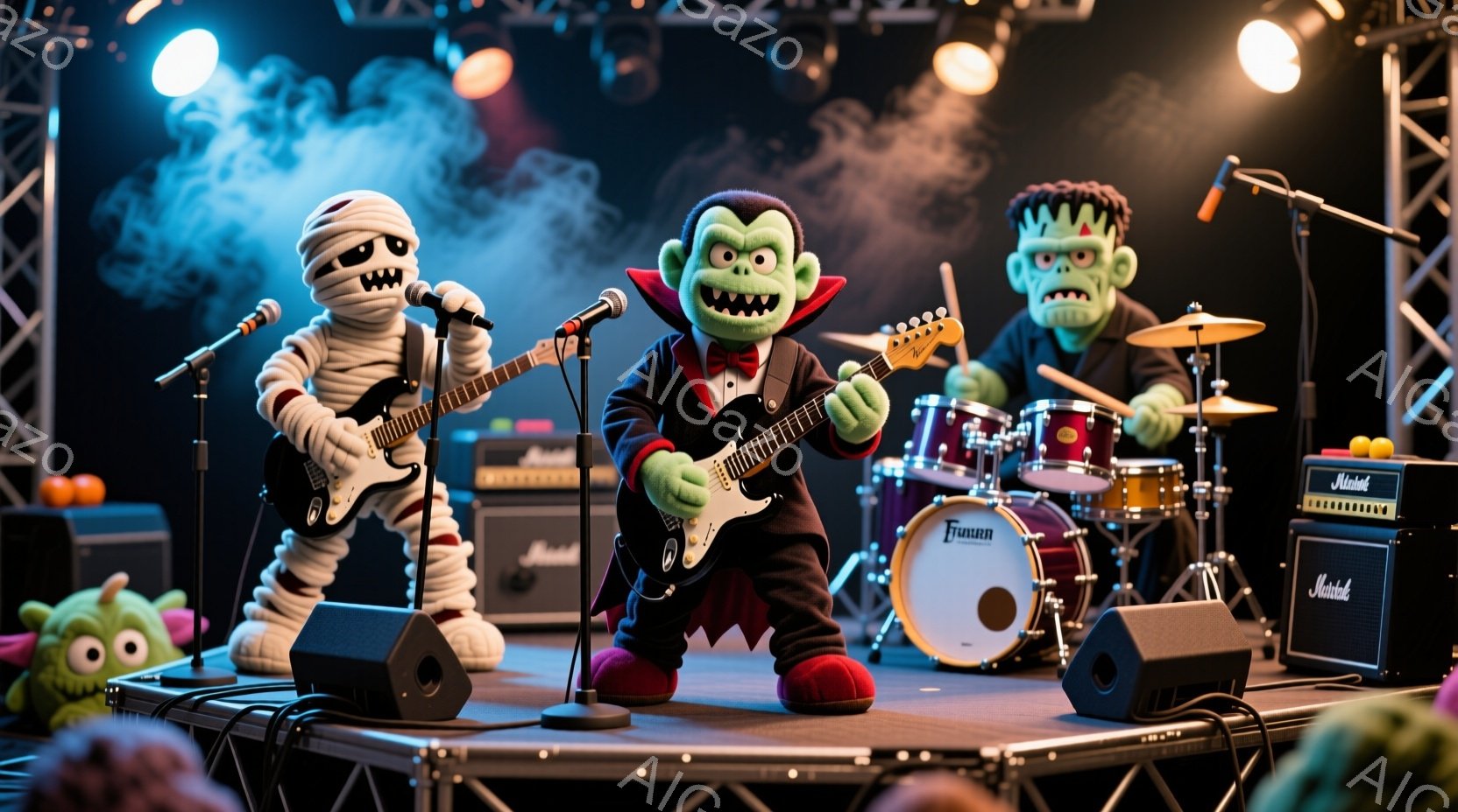 不気味なモンスターバンドがステージ上で演奏しています。ミイラ男はギターを弾きながらマイクに向かって歌い、ドラキュラは赤いベルベットのジャケットを着てギターを弾いています。背景にはドラムセットとアンプが並び、ハロウィーンらしい不気味で楽しい雰囲気が漂っています。