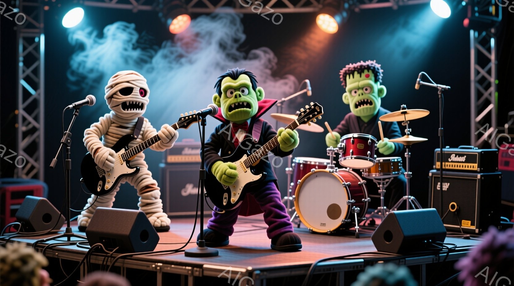 舞台の上で、ミイラ、狼男、フランケンシュタインのモンスターバンドが演奏しています。ミイラはギターを弾き、狼男はリードギターを弾き、フランケンシュタインはドラムセットを叩いており、全員が熱狂的な表情で楽器を演奏しています。背景にはスピーカー、アンプ、ライトが設置され、ステージ全体が活気に満ちたロックコンサートの雰囲気です。