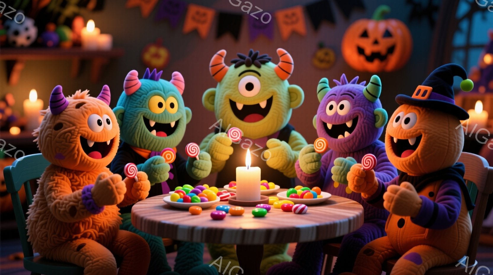 オレンジ、紫、緑、青の毛並みのモンスターたちが、ハロウィーンをテーマにしたテーブルを囲んでお菓子を楽しんでいます。彼らは皆、楽しそうな表情でキャンディを握り、それぞれ異なる色の衣装を着ています。背景に - AI生成フリー素材