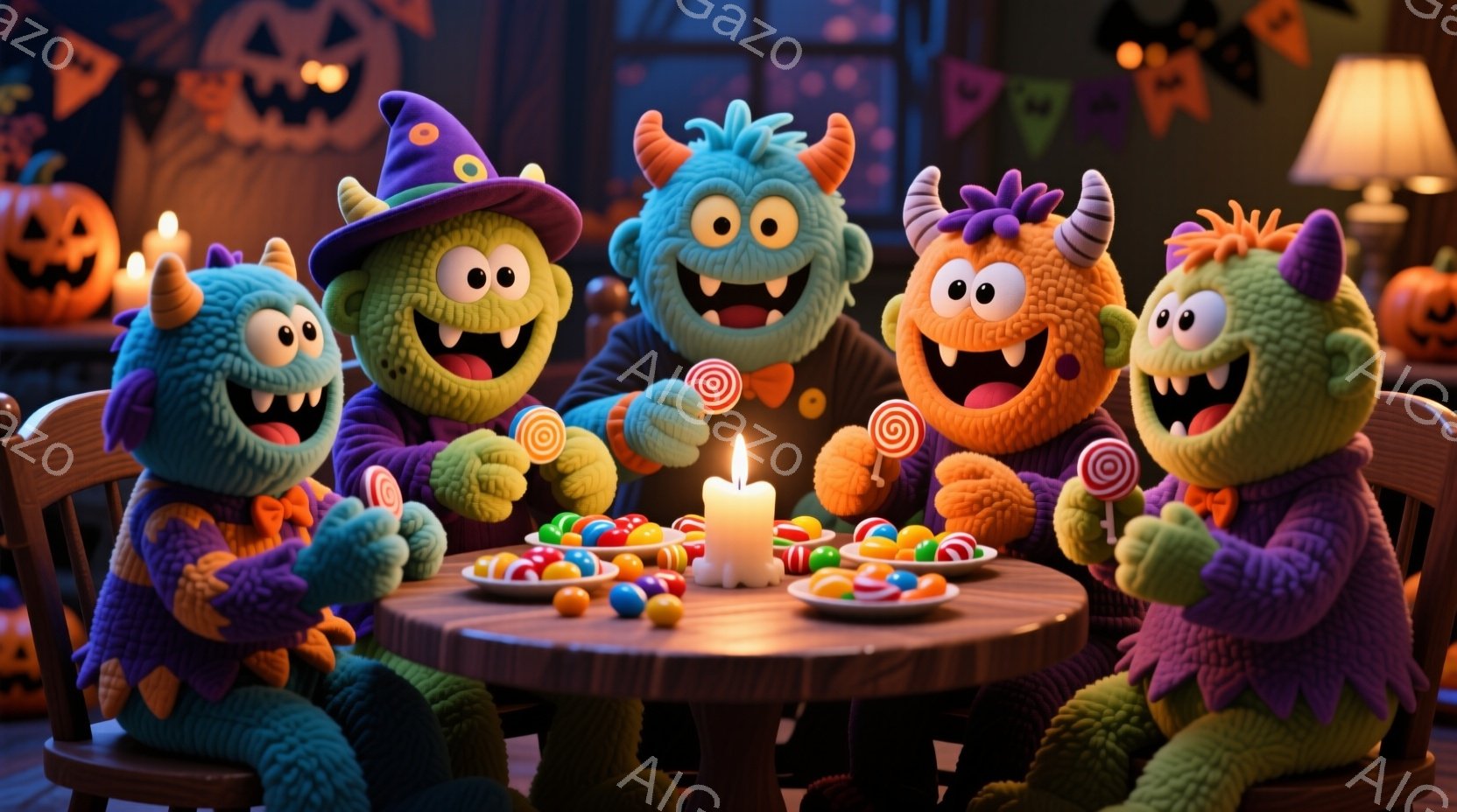 鮮やかな色のモンスターたちが、ハロウィーンの飾り付けがされた部屋の中で円卓を囲んでお菓子を食べている。彼らはそれぞれ異なる色の毛並みと、大きな笑顔、そして愉快な表情を浮かべており、まるでパーティーを楽 - AI生成フリー素材