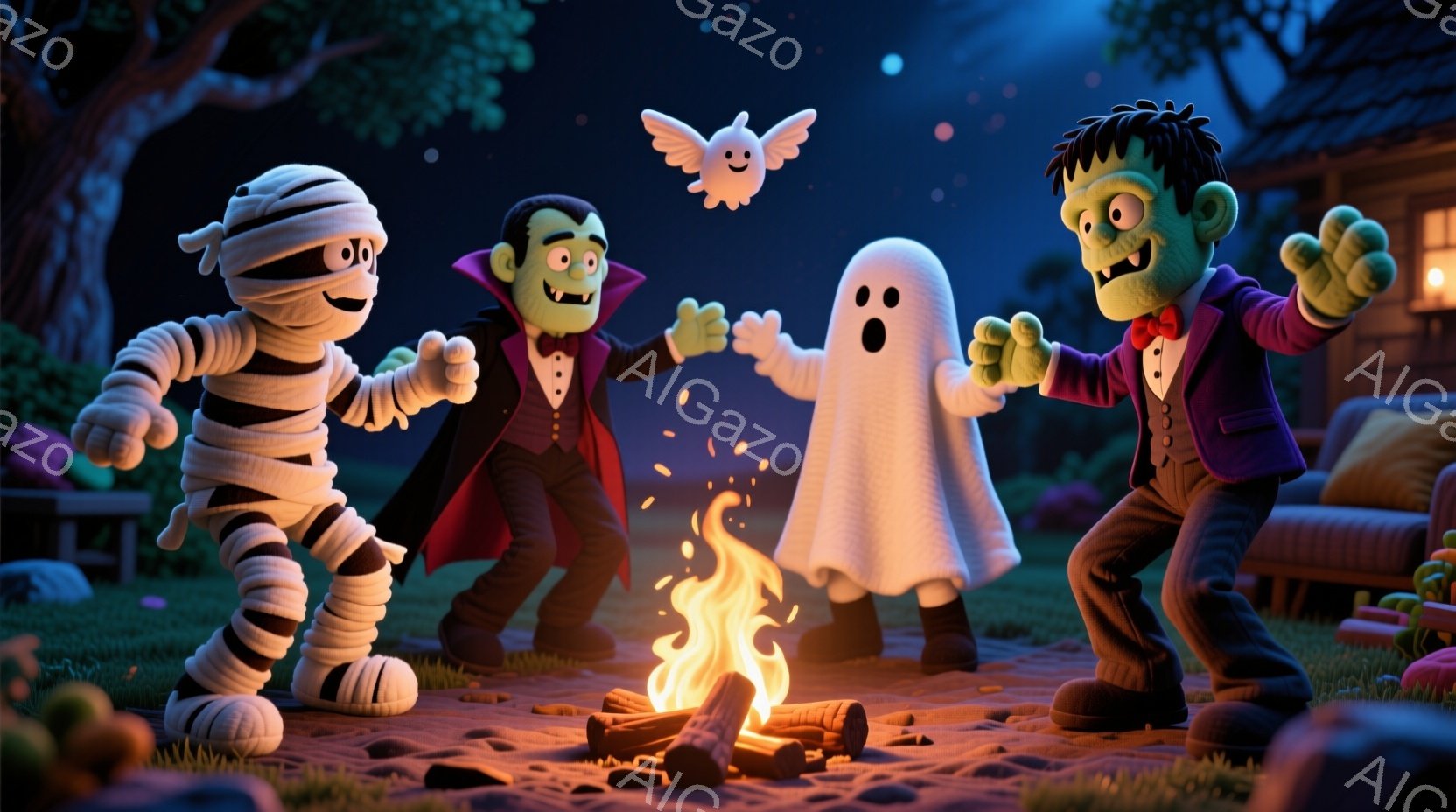 包帯でぐるぐる巻きになったミイラ、黒いスーツを着た吸血鬼、そして白い幽霊が、キャンプファイヤーを囲んで踊っています。ミイラは片足を高く上げて楽しそうに踊り、吸血鬼は片手を上げて微笑み、幽霊は左右に揺れ - AI生成フリー素材