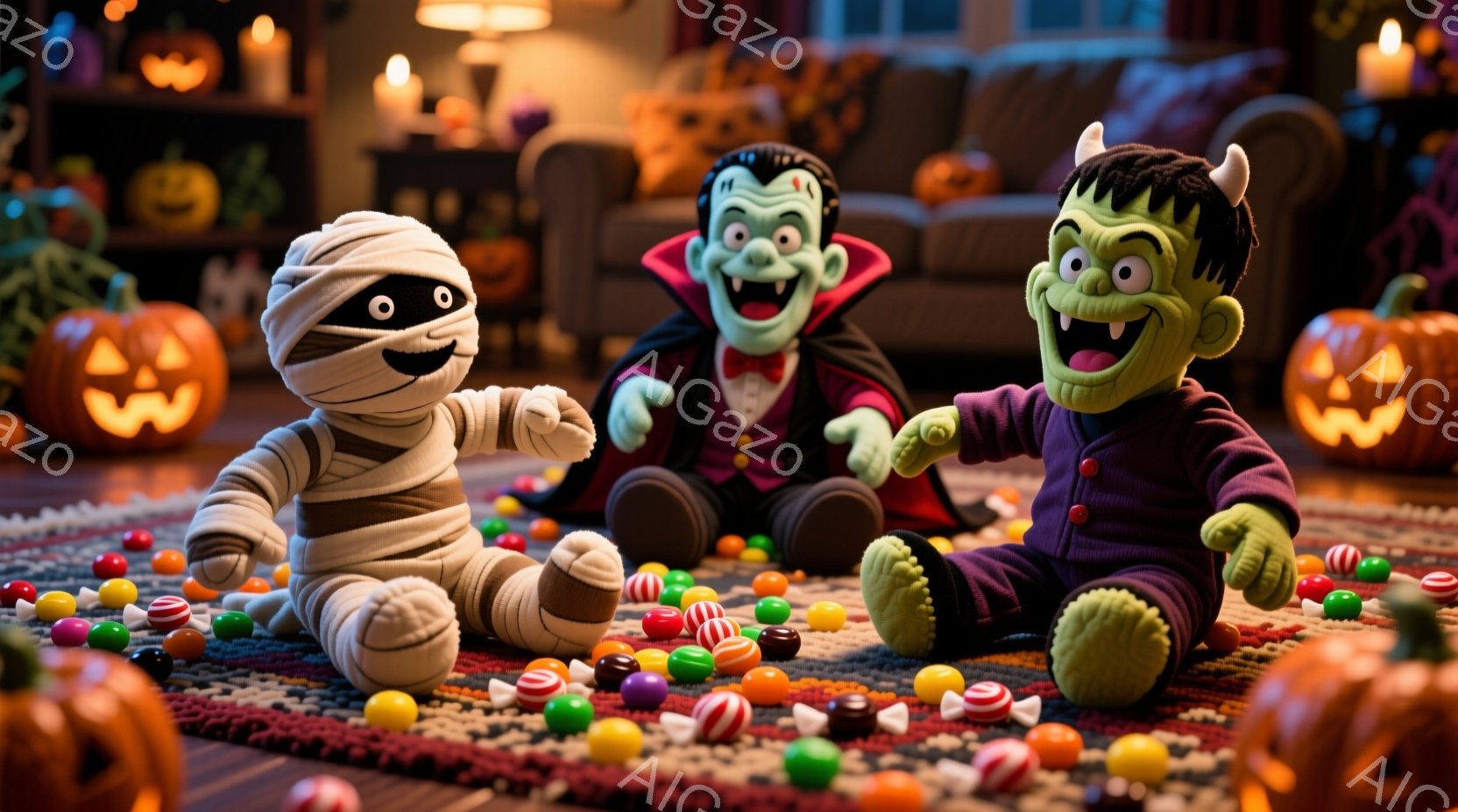 ハロウィーンの装飾が施されたリビングルームで、ミイラ、ドラキュラ、フランケンシュタインの3体のキャラクターが床に座ってカラフルなキャンディーに囲まれています。ミイラは白い包帯で覆われ、ドラキュラは黒い - AI生成フリー素材