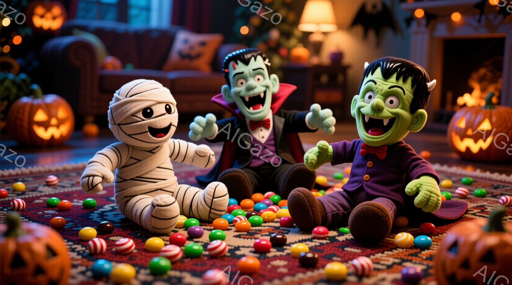 ハロウィーンの装飾が施されたリビングルームで、ミイラ男、ドラキュラ、フランケンシュタインのぬいぐるみがキャンディに囲まれて座っています。ミイラ男は包帯で覆われ、ドラキュラは紫色のスーツを着て、フランケ - AI生成フリー素材