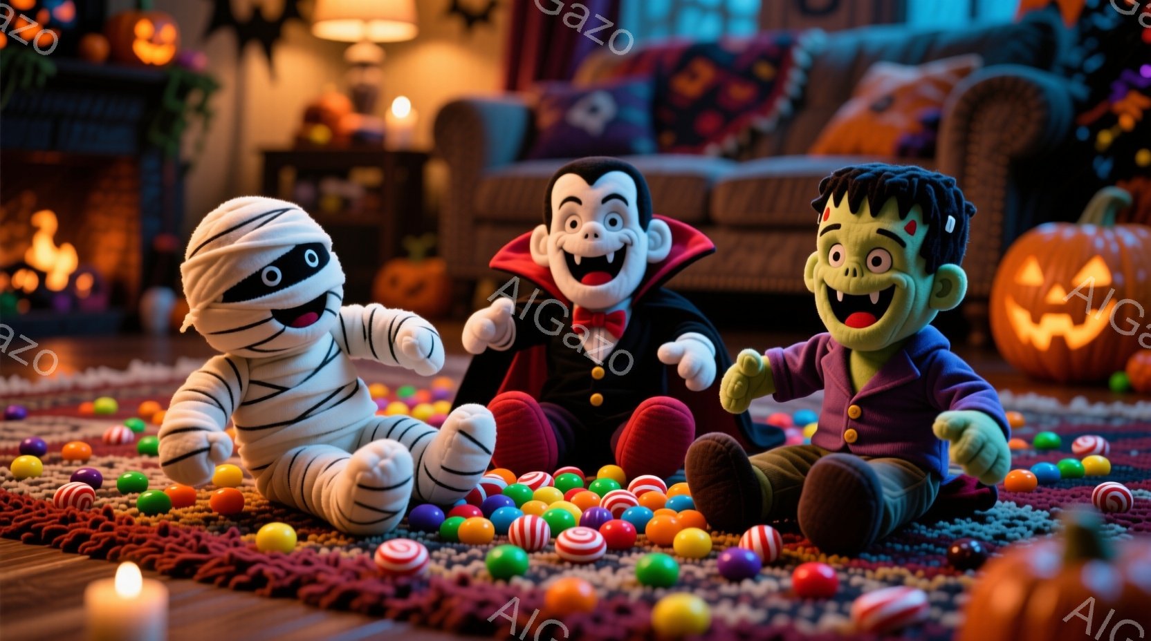 ハロウィーンの装飾がされた部屋で、ミイラ、ドラキュラ、フランケンシュタインのぬいぐるみたちがカラフルなキャンディーに囲まれて座っています。ミイラは包帯で全身が覆われ、ドラキュラは黒いスーツと赤いマント - AI生成フリー素材