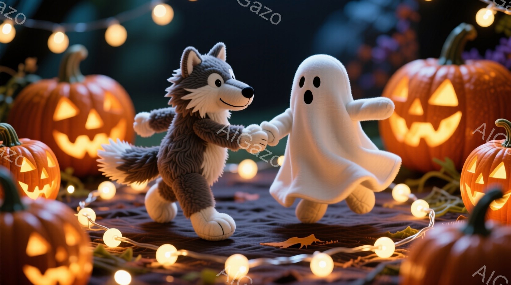 フランケンシュタインのモンスターのようなキャラクターと幽霊が、カラフルな紙吹雪が舞う中で楽しそうに踊っています。フランケンシュタインは緑色の肌に、黒い髪型で、茶色の靴を履き、ダークグリーンのスーツと赤 - AI生成フリー素材