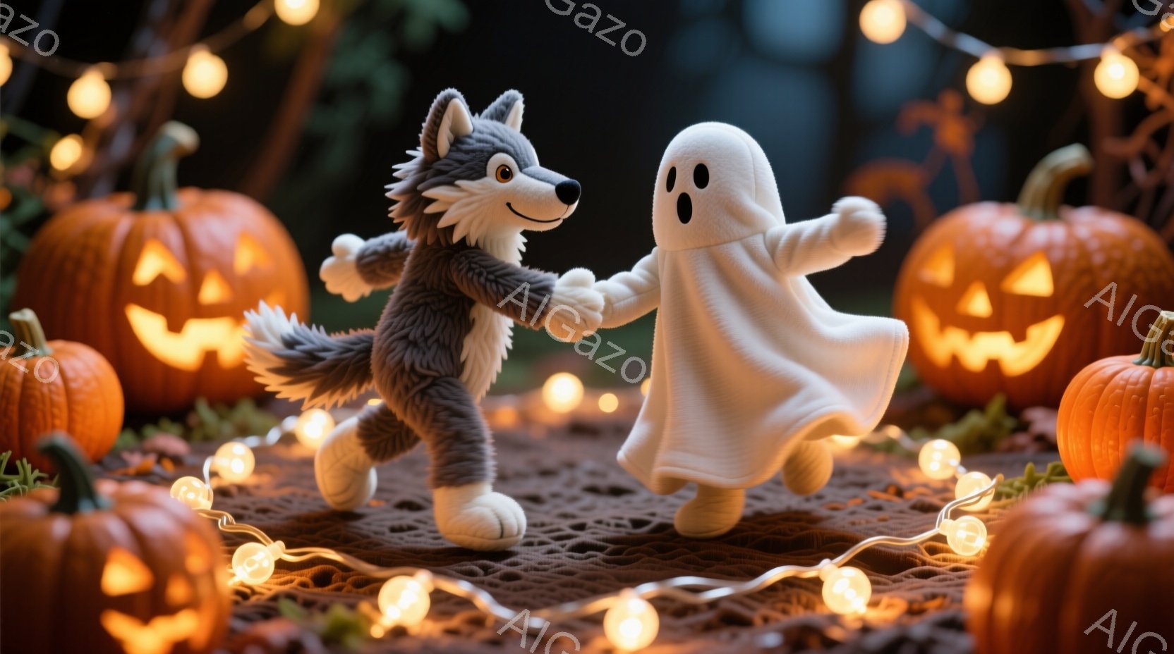 灰色の毛並みをした狼のキャラクターと白い幽霊のキャラクターが手をつないで踊っています。背景には、彫刻された表情のジャック・オー・ランタンと、ぼんやりと光るオレンジ色の光のストリングライトが散りばめられ - AI生成フリー素材