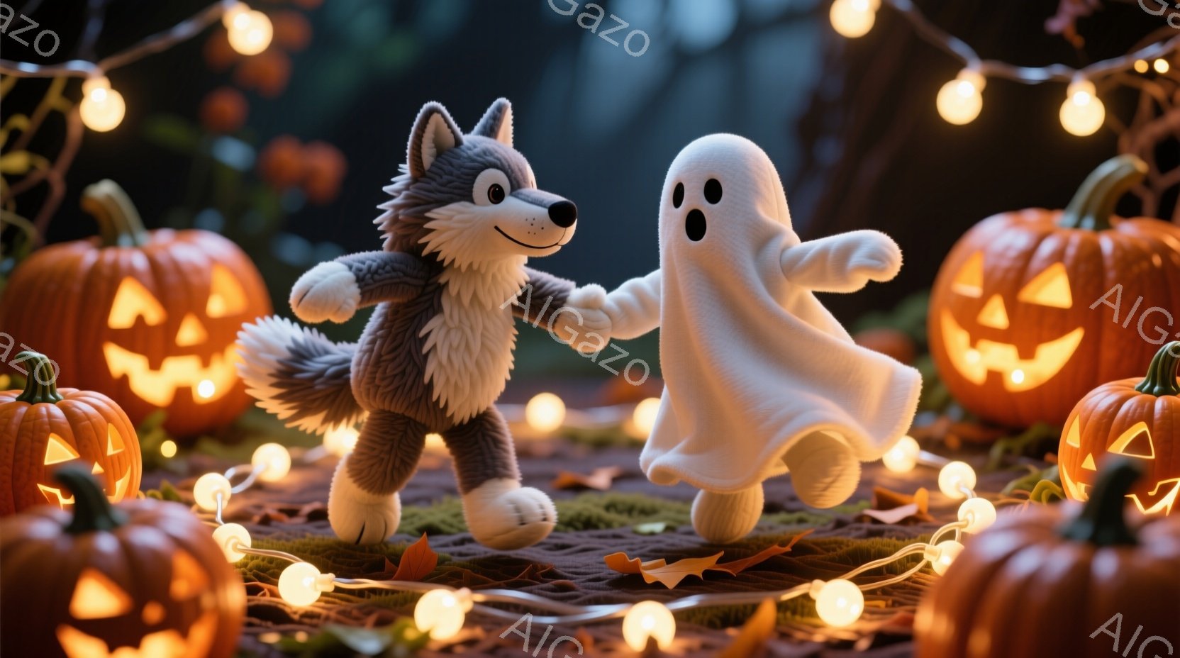 灰色の毛並みの狼のぬいぐるりと、白い幽霊のぬいぐるりが手をつないでいます。周囲には、様々な大きさのジャック・オー・ランタンが配置され、オレンジ色の温かい光が灯っています。背景は暗く、地面には苔のようなものが敷かれ、ハロウィーンの夜らしい、幻想的でほのぼのとした雰囲気です。
