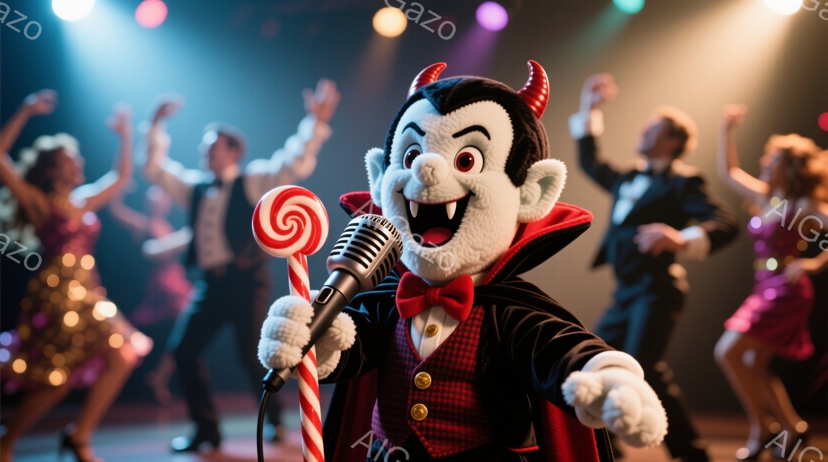 白い毛並みの吸血鬼が、赤と白のキャンディケーンとマイクを持って、観客に向かって微笑んでいます。彼は黒いベスト、赤い蝶ネクタイ、黒いマントを身に着けており、表情は陽気で楽しそうです。背景には、赤いドレスを着たダンサーやタキシードを着た男性たちが踊っており、ステージの照明が照らされています。