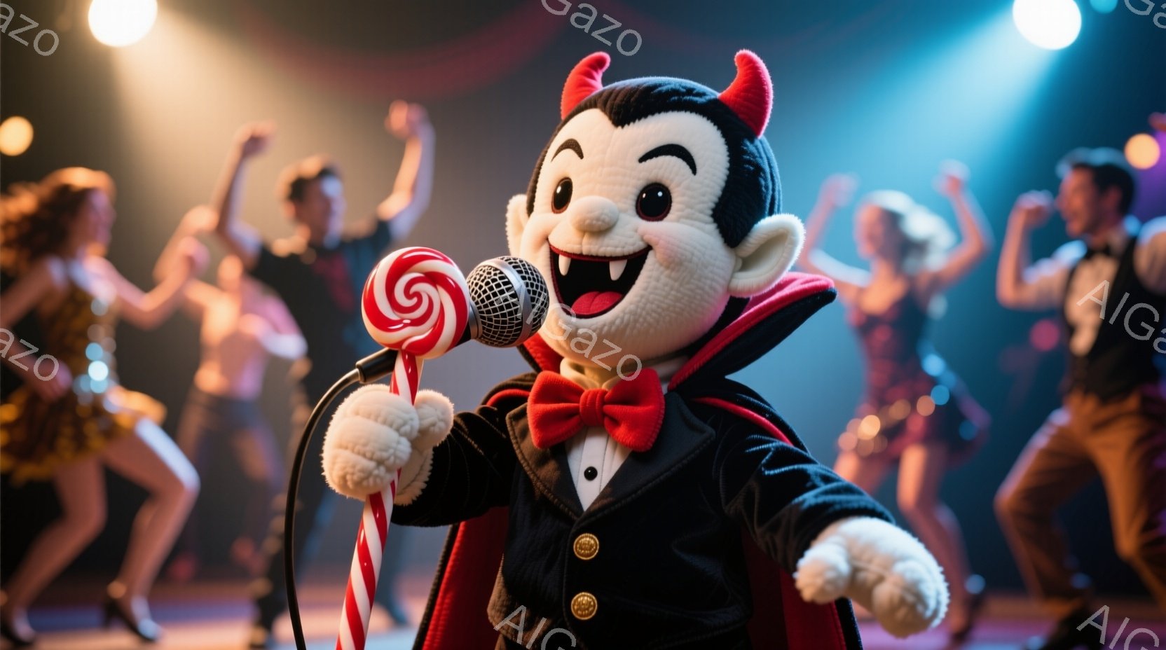 舞台中央には、吸血鬼風のふわふわしたキャラクターが立っており、片手にマイク、もう片手にはキャンディを持っています。黒いスーツに赤いケープ、そして大きな赤いリボンが特徴的で、満面の笑みを浮かべています。背景にはダンサーたちが踊っており、スポットライトが当たって賑やかな雰囲気です。