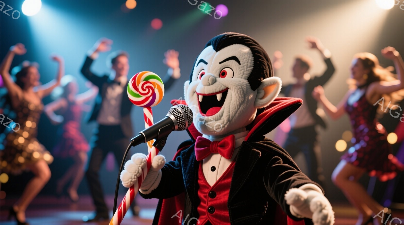 吸血鬼のコスチュームを着たキャラクターが、大きな棒付きキャンディーを持ちながらマイクに向かって歌っている。背景には、金色のスパンコールが輝くドレスを着たダンサーたちが踊っており、ステージ上は華やかな雰囲気である。キャラクターは満面の笑みを浮かべ、楽しそうにパフォーマンスをしている様子が伺える。