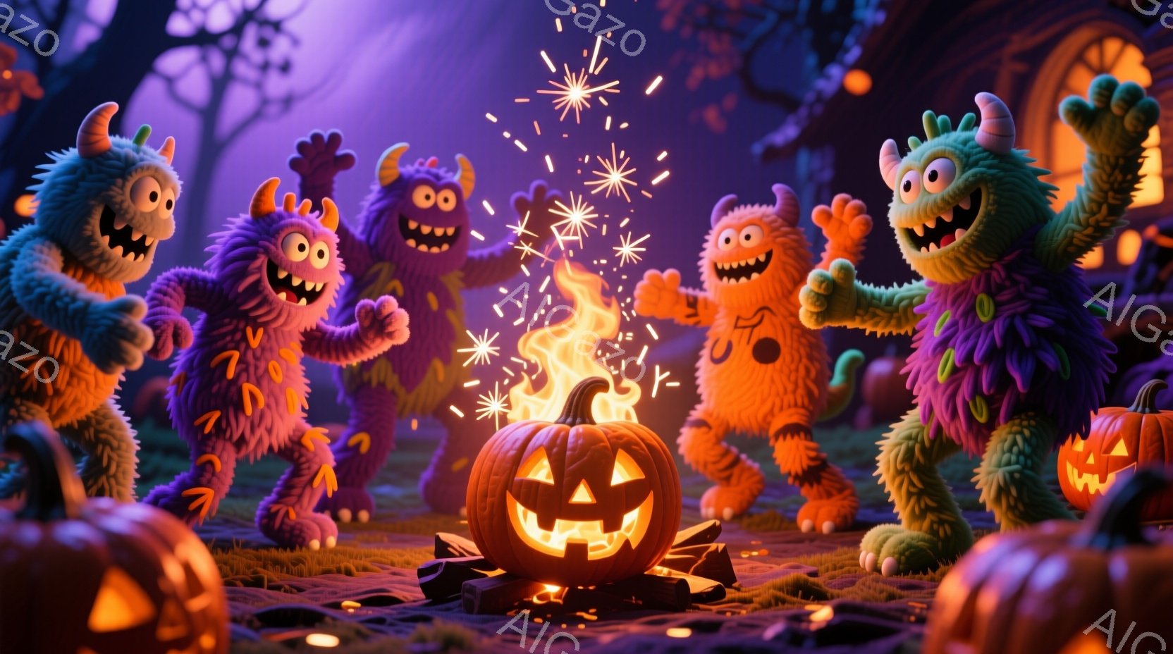 鮮やかな紫色の背景に、オレンジ色と紫色の毛むくじゃらのモンスターたちが集まって焚き火を囲んでいます。モンスターたちはそれぞれ異なる表情で、楽しそうに手を挙げたり踊ったりしています。周囲にはジャック・オー・ランタンが配置され、ハロウィーンの夜の賑やかな雰囲気を演出しています。