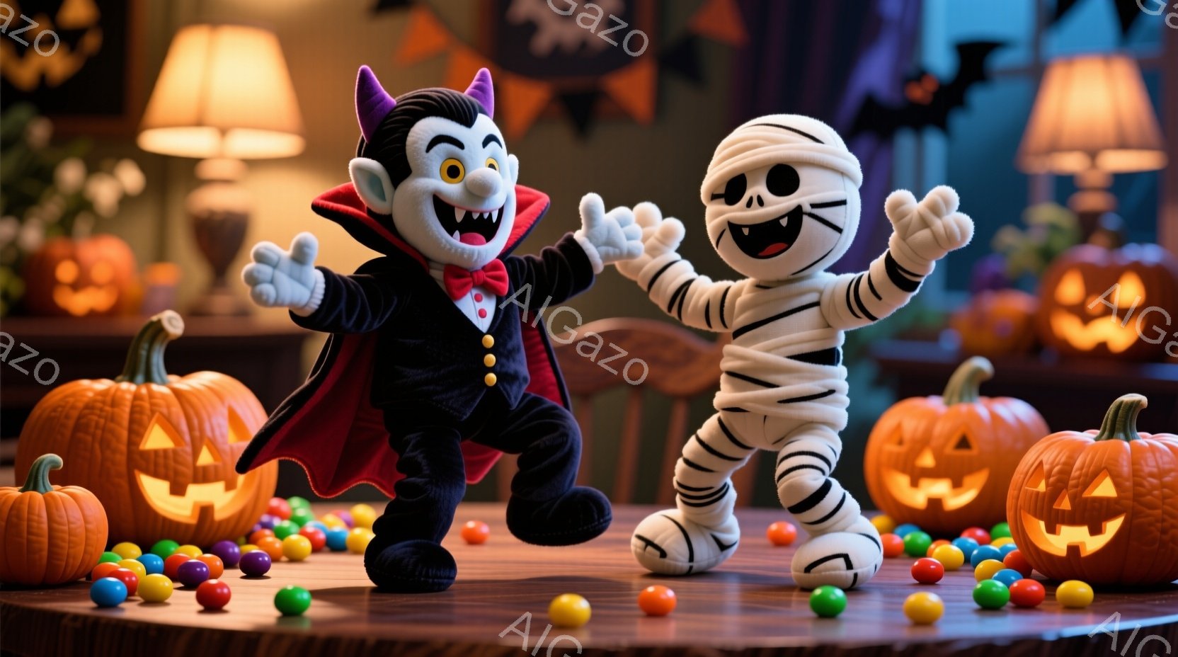 ハロウィーンの飾り付けがされたテーブルの上に、吸血鬼とミイラのキャラクターが立っている。吸血鬼は黒いスーツに赤いマントを羽織り、赤い蝶ネクタイを締めている。ミイラは全身を包帯で覆い、両手を上げて楽しそ - AI生成フリー素材