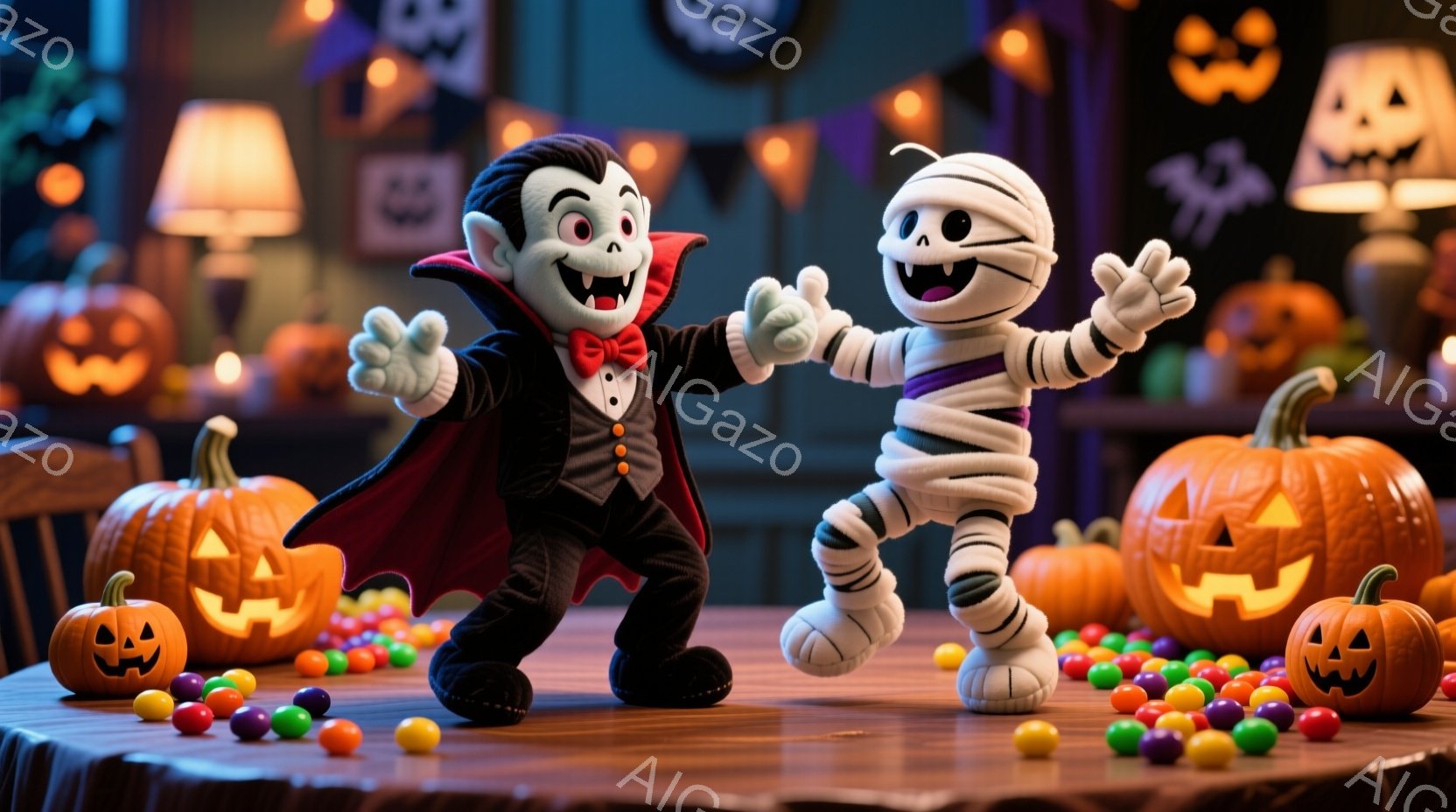 吸血鬼とミイラのおもちゃが、ハロウィーンをテーマにしたテーブルの上で踊っています。吸血鬼は黒いスーツに赤いマントを羽織り、ミイラは白い包帯で体を覆っています。背景には、様々な大きさのジャック・オ・ラン - AI生成フリー素材