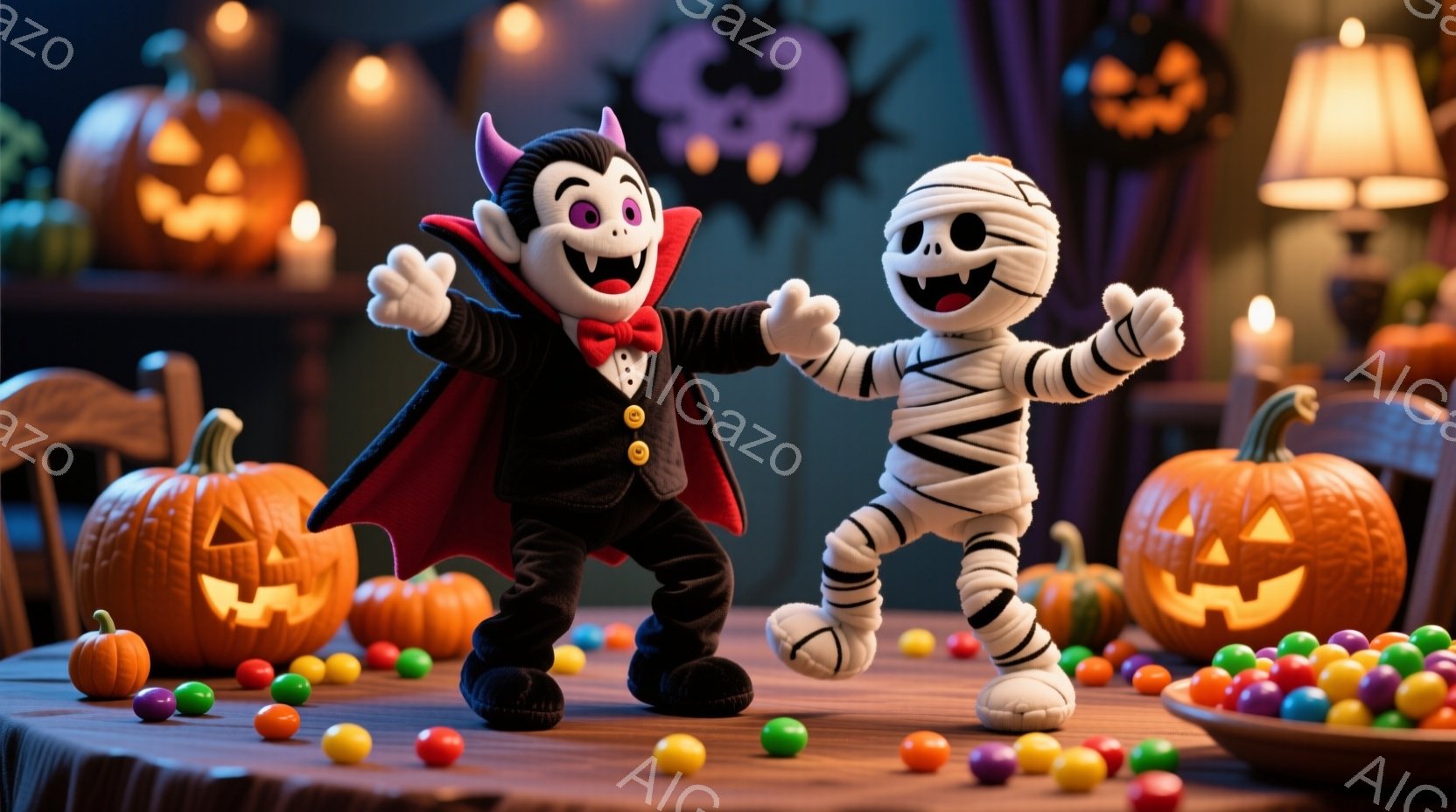 ハロウィーンの飾り付けがされたテーブルの上で、吸血鬼とミイラの姿をしたキャラクターが踊っています。吸血鬼は黒いスーツに赤いマント、ミイラは包帯で全身が覆われ、どちらも楽しそうな表情をしています。背景に - AI生成フリー素材