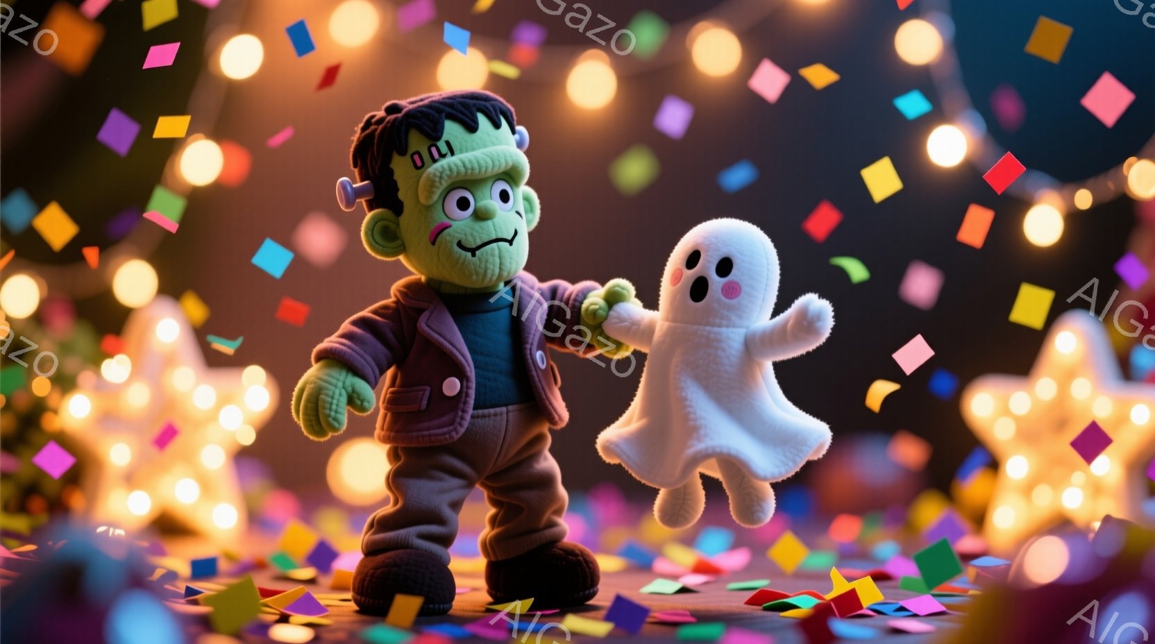 フランケンシュタインのモンスターと幽霊のぬいぐるみのおもちゃが写っています。モンスターは緑色の肌にボルトの付いた髪、黒い服と紫色のジャケットを着ており、楽しそうな笑顔を浮かべています。背景はぼやけたカラフルな光と紙吹雪で、お祭りのような賑やかな雰囲気です。