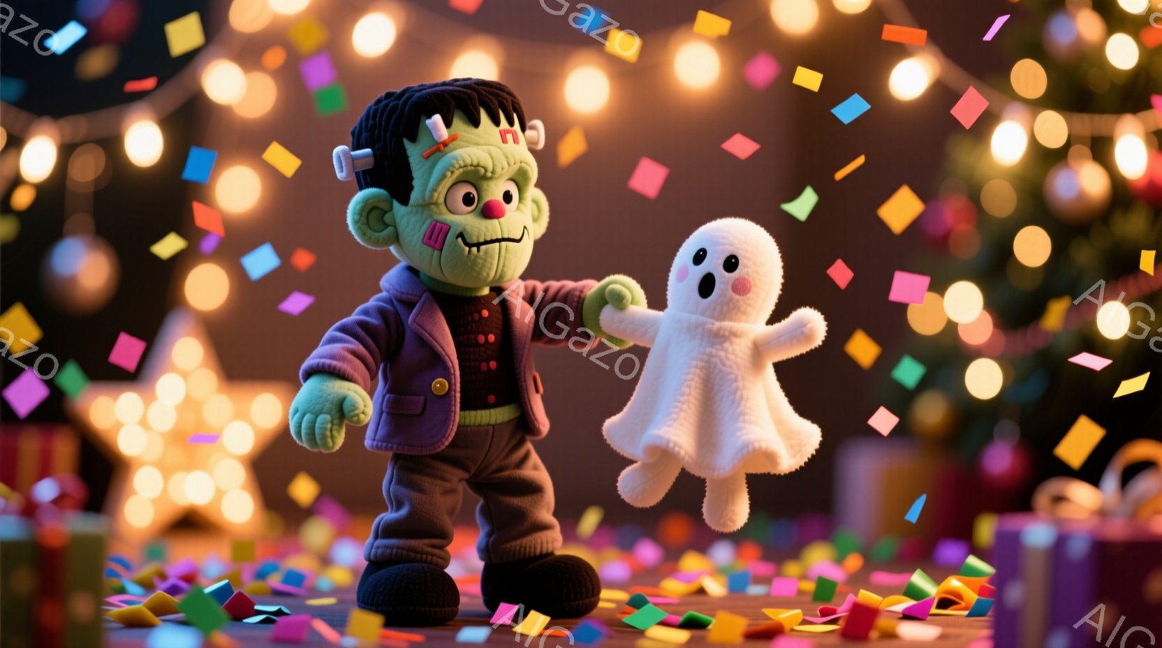 フランケンシュタインのモンスターを模したおもちゃと、小さな白い幽霊のおもちゃが描かれています。フランケンシュタインのおもちゃは、紫色のジャケットと黒いズボンを着用し、頭にはボルトが刺さったヘアスタイル - AI生成フリー素材