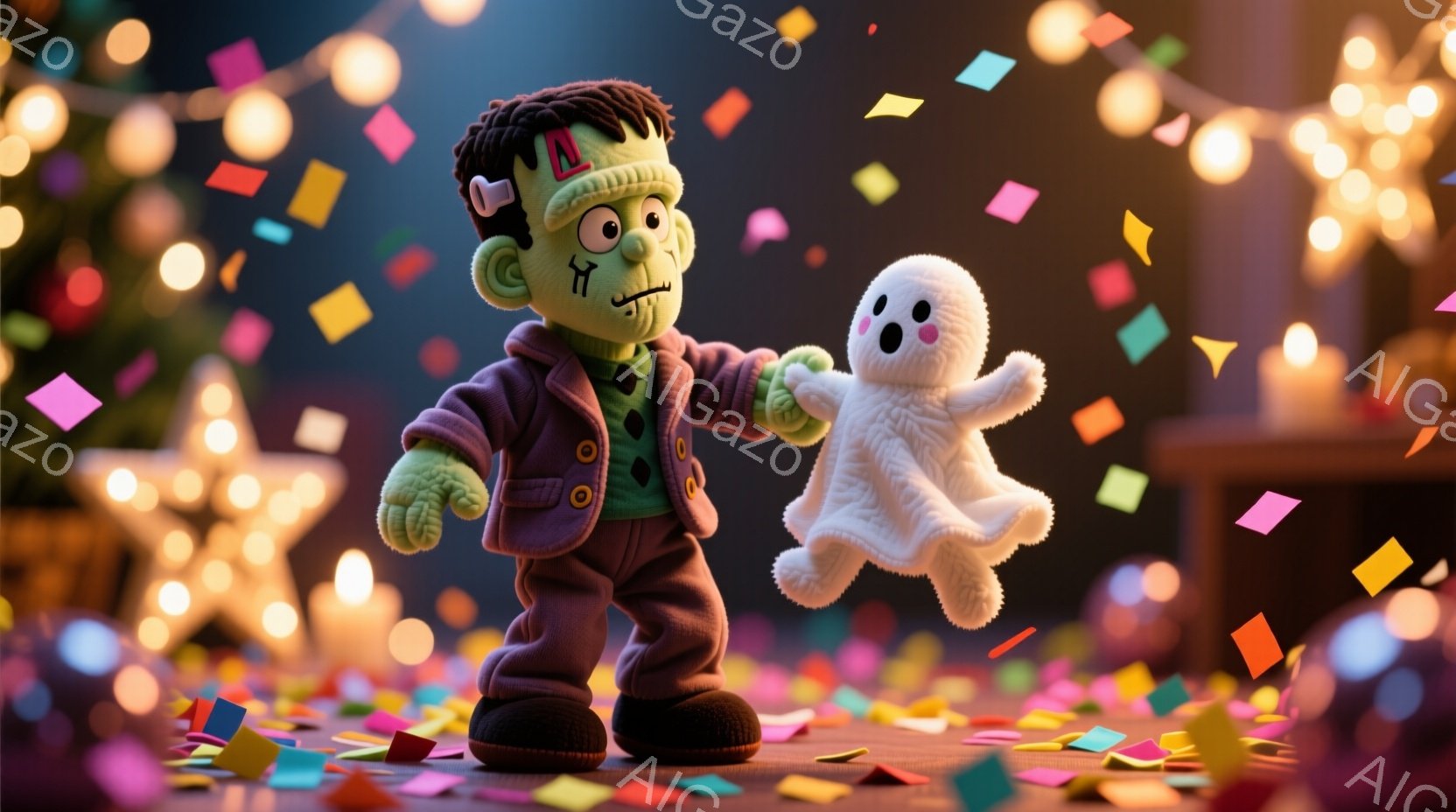 緑色のフランケンシュタインのモンスターと白い幽霊のおもちゃが描かれています。フランケンシュタインは茶色のジャケットとズボンを着用し、やや不機嫌そうな表情をしています。背景には、ぼやけたクリスマスツリー - AI生成フリー素材