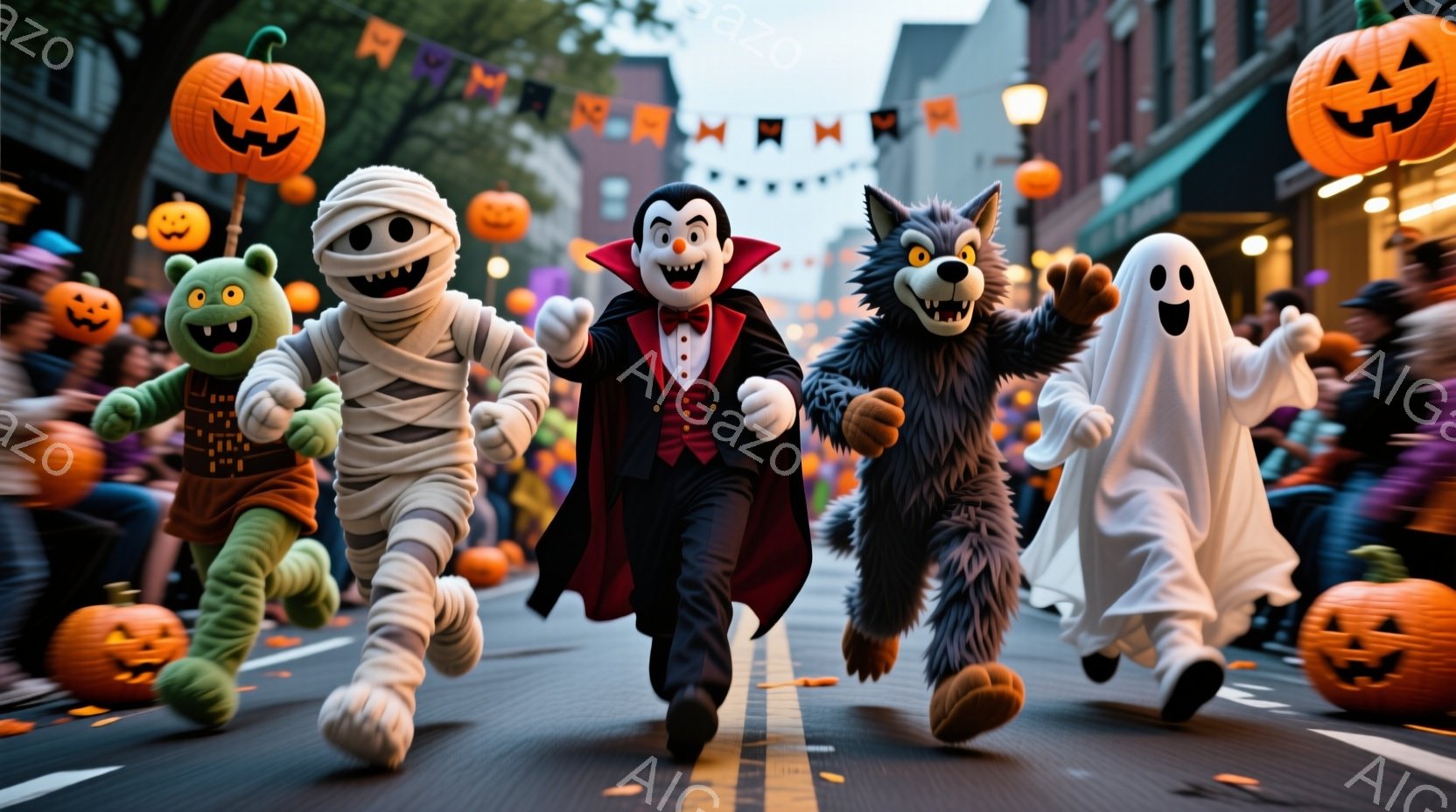 ハロウィーンの衣装を着たキャラクターたちが、道路の中央を走っている様子が写っています。彼らはそれぞれ、緑色のモンスター、ミイラ、ドラキュラ、狼男、幽霊の姿をしており、楽しそうに、または少しおどけた表情 - AI生成フリー素材