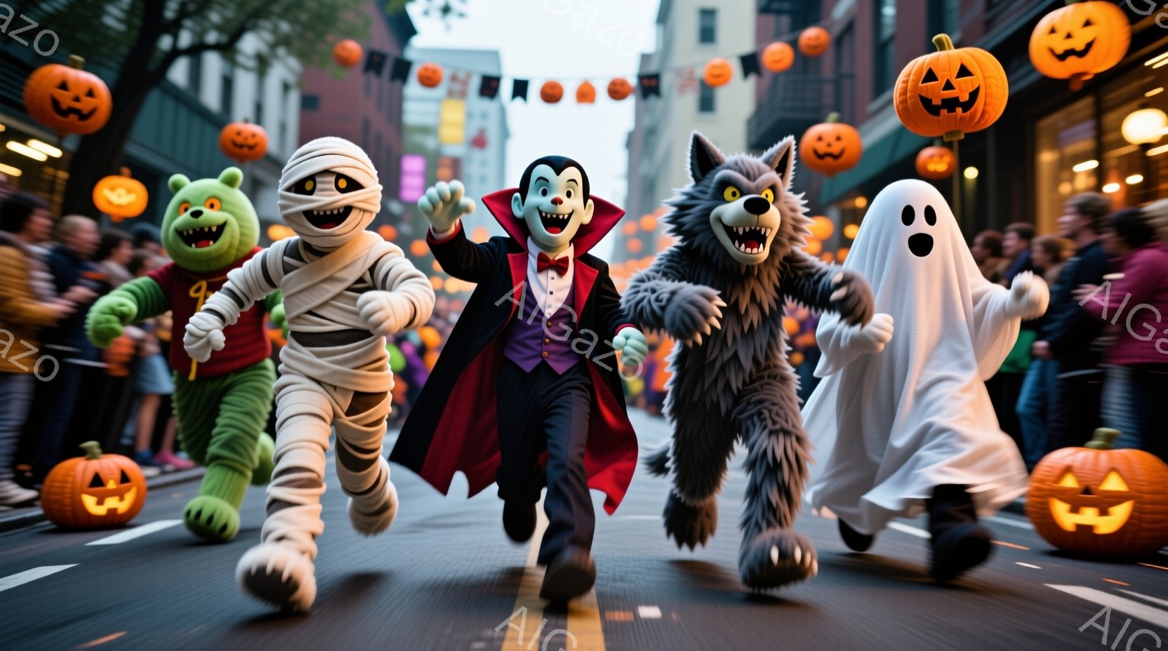 ハロウィーンの仮装をした人たちが街路を走っている様子が描かれています。緑色のモンスター、ミイラ、吸血鬼、狼男、幽霊がそれぞれ特徴的な衣装を身につけ、楽しそうに走っています。背景には建物や人々が見え、オ - AI生成フリー素材