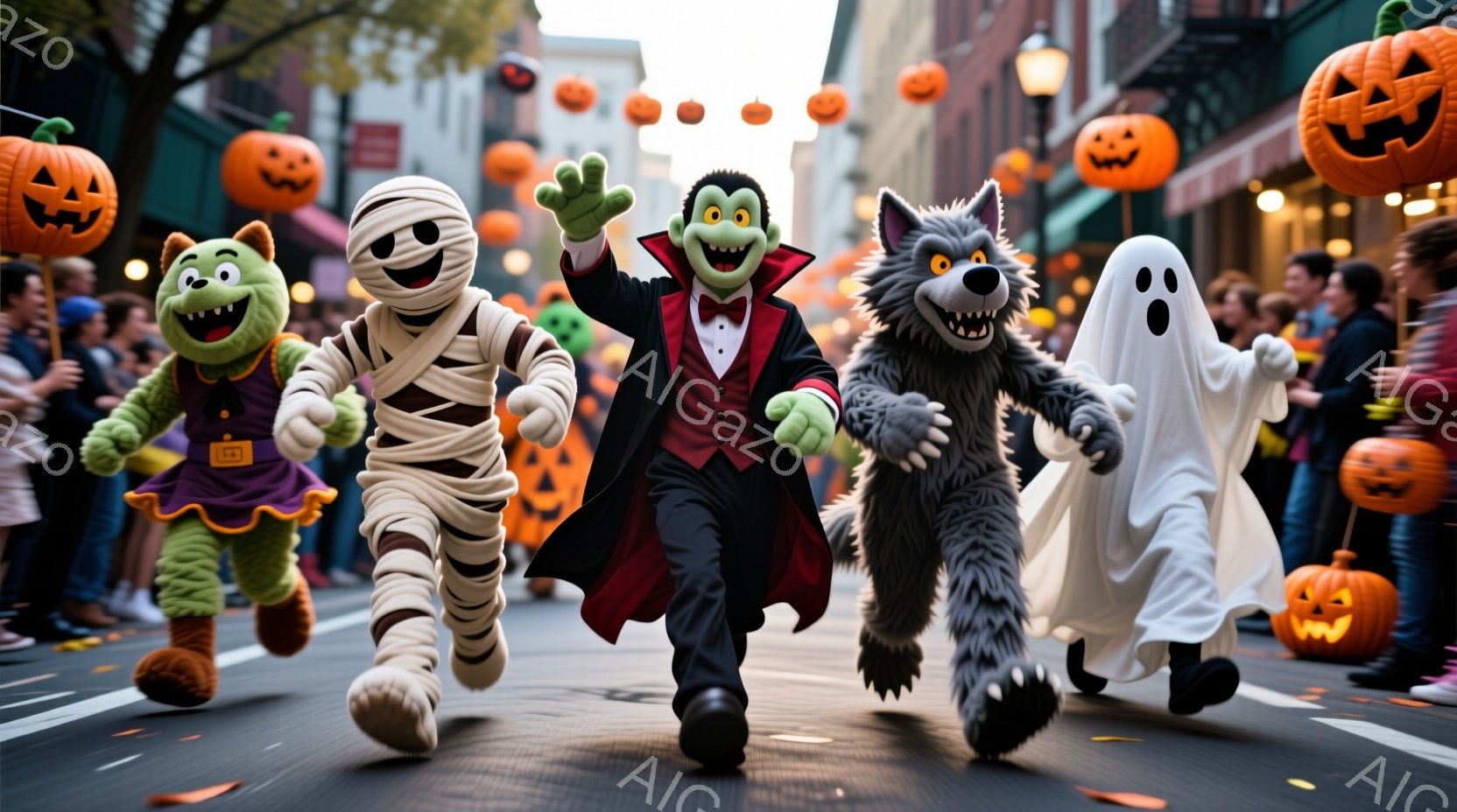 ハロウィーンのパレードの様子で、吸血鬼、ミイラ、狼男、モンスターの着ぐるみを着た人々が、街路を走っている。背景には、ハロウィーンの装飾が施された建物や、空中に浮かぶジャック・オー・ランタンが見え、賑や - AI生成フリー素材