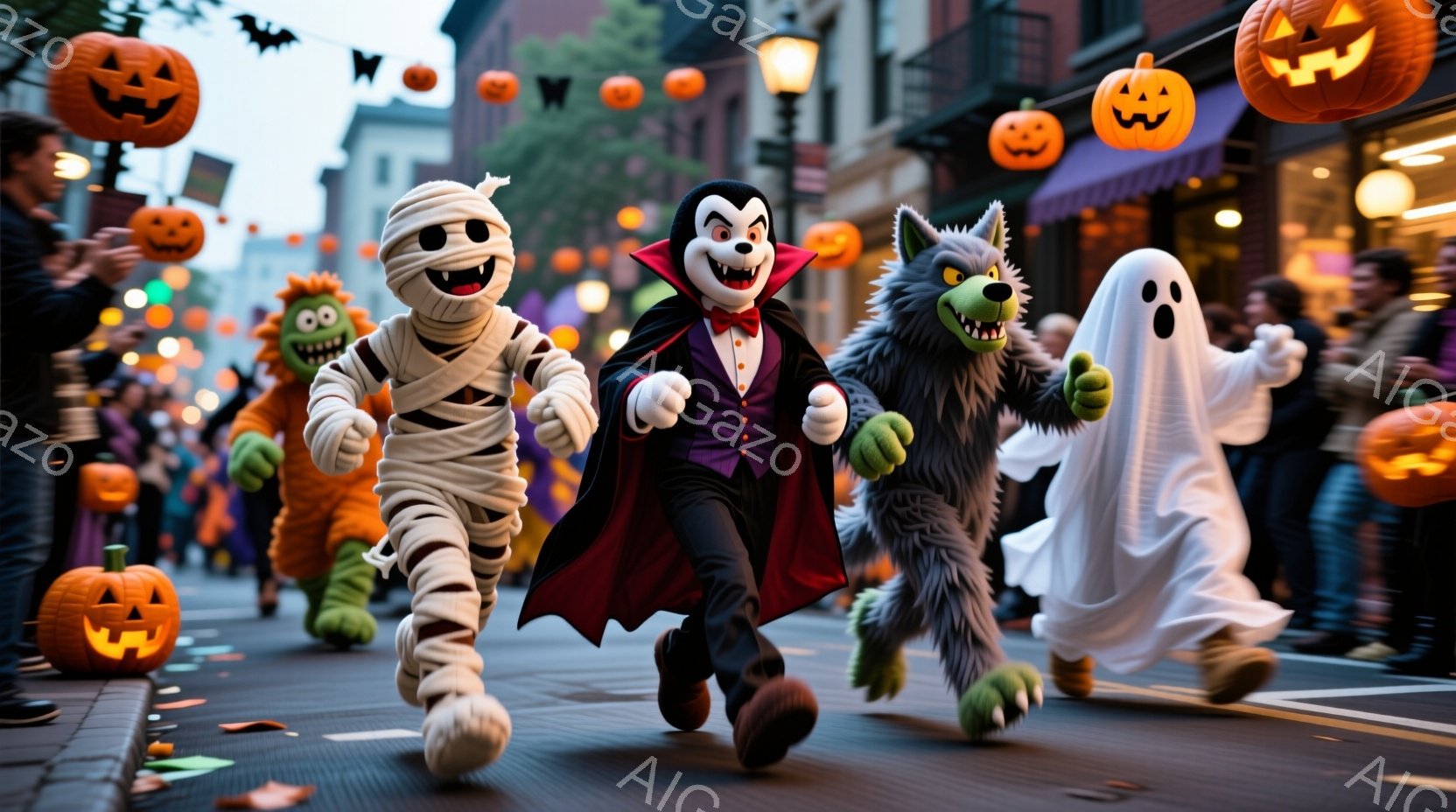 ハロウィーンの衣装を着た人々が街を走っている様子が描かれています。吸血鬼、ミイラ、狼男、お化けの姿をした人々は、笑顔で楽しそうに走り、周囲にはオレンジ色のカボチャの飾りや、ハロウィーンを象徴する装飾が - AI生成フリー素材