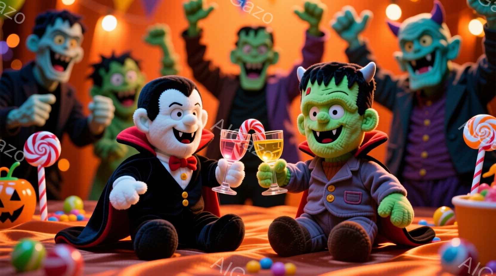 ぬいぐるみのドラキュラとフランケンシュタインが、オレンジ色のテーブルを挟んで向かい合い、グラスを掲げて乾杯しています。背景には、緑色のモンスターが腕を上げて楽しんでいる様子がぼんやりと見え、テーブルの - AI生成フリー素材
