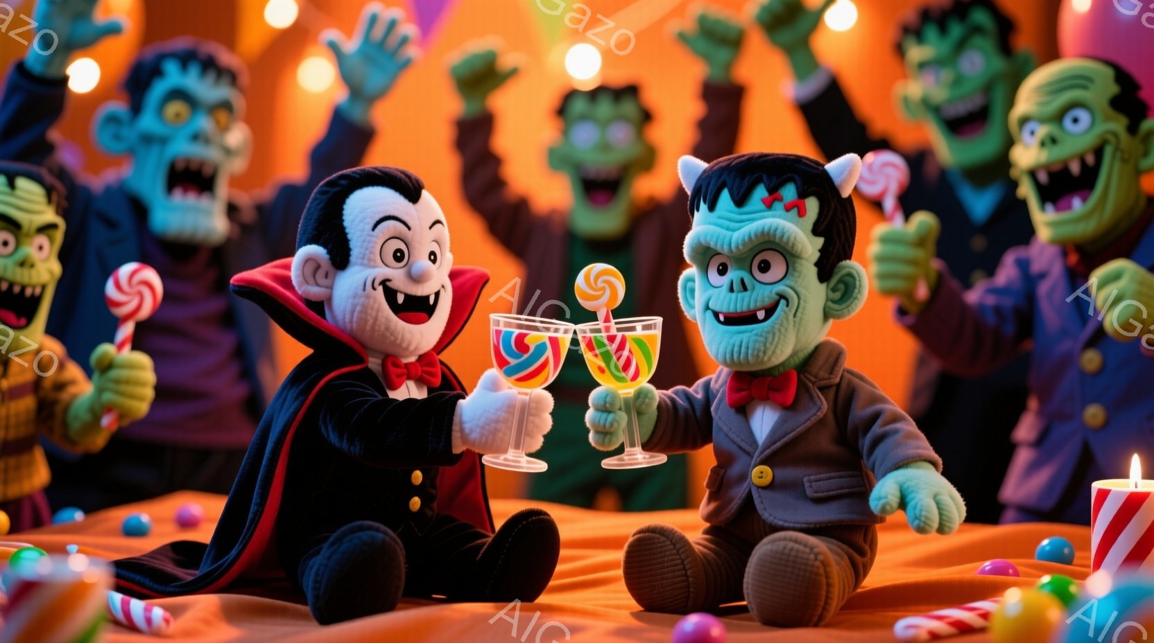 毛糸で作られたようなモンスターのおもちゃが写っています。吸血鬼とフランケンシュタインが、キャンディーが入ったグラスを高く掲げ、乾杯している様子です。背景には他のモンスターたちが浮かび上がり、オレンジ色 - AI生成フリー素材