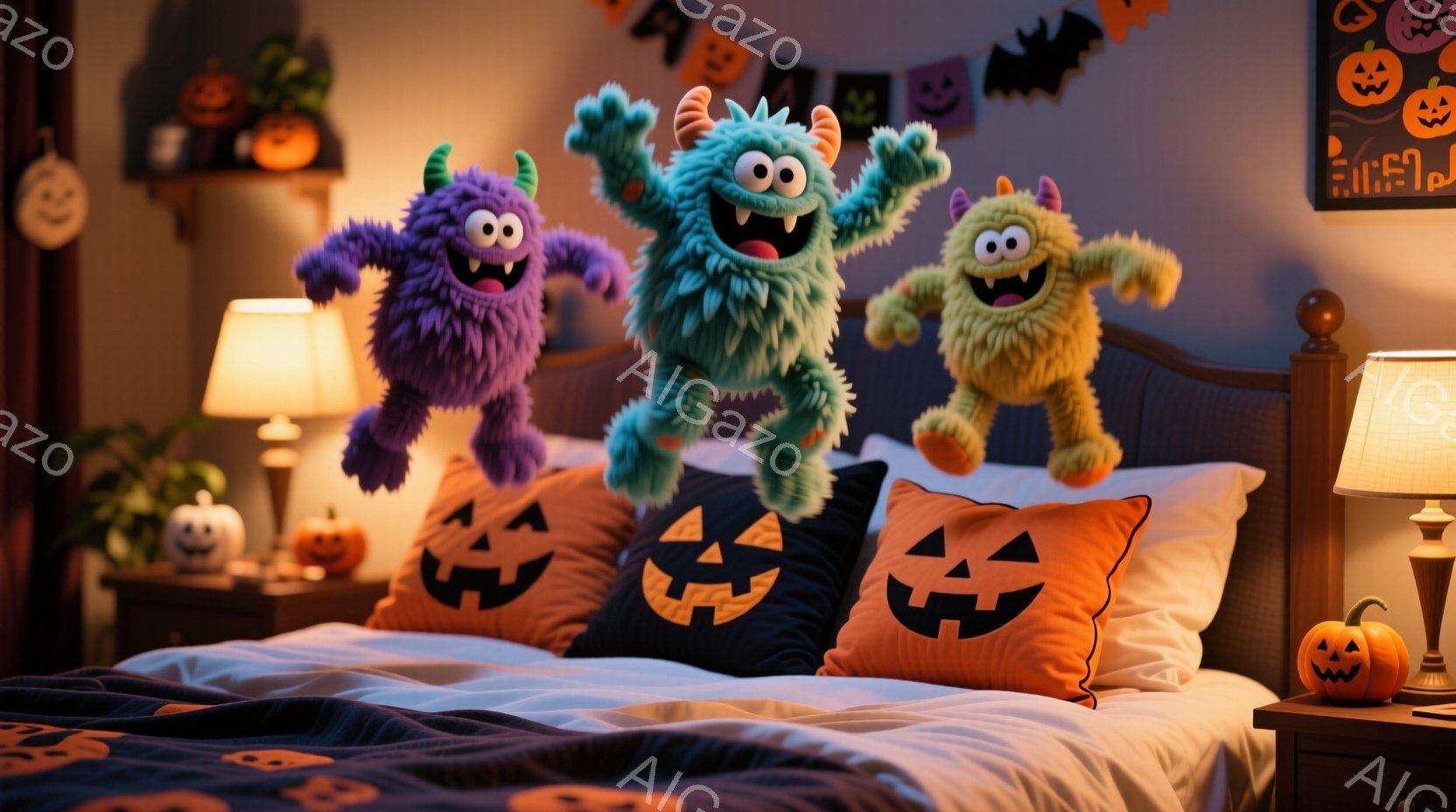 鮮やかなオレンジ色のハロウィーン柄クッションが並んだベッドの上を、紫、緑、黄色の毛むくじゃらのモンスターたちが飛び跳ねています。背景には、ハロウィーンの飾り付けが施された壁と、小さなカボチャのランタン - AI生成フリー素材