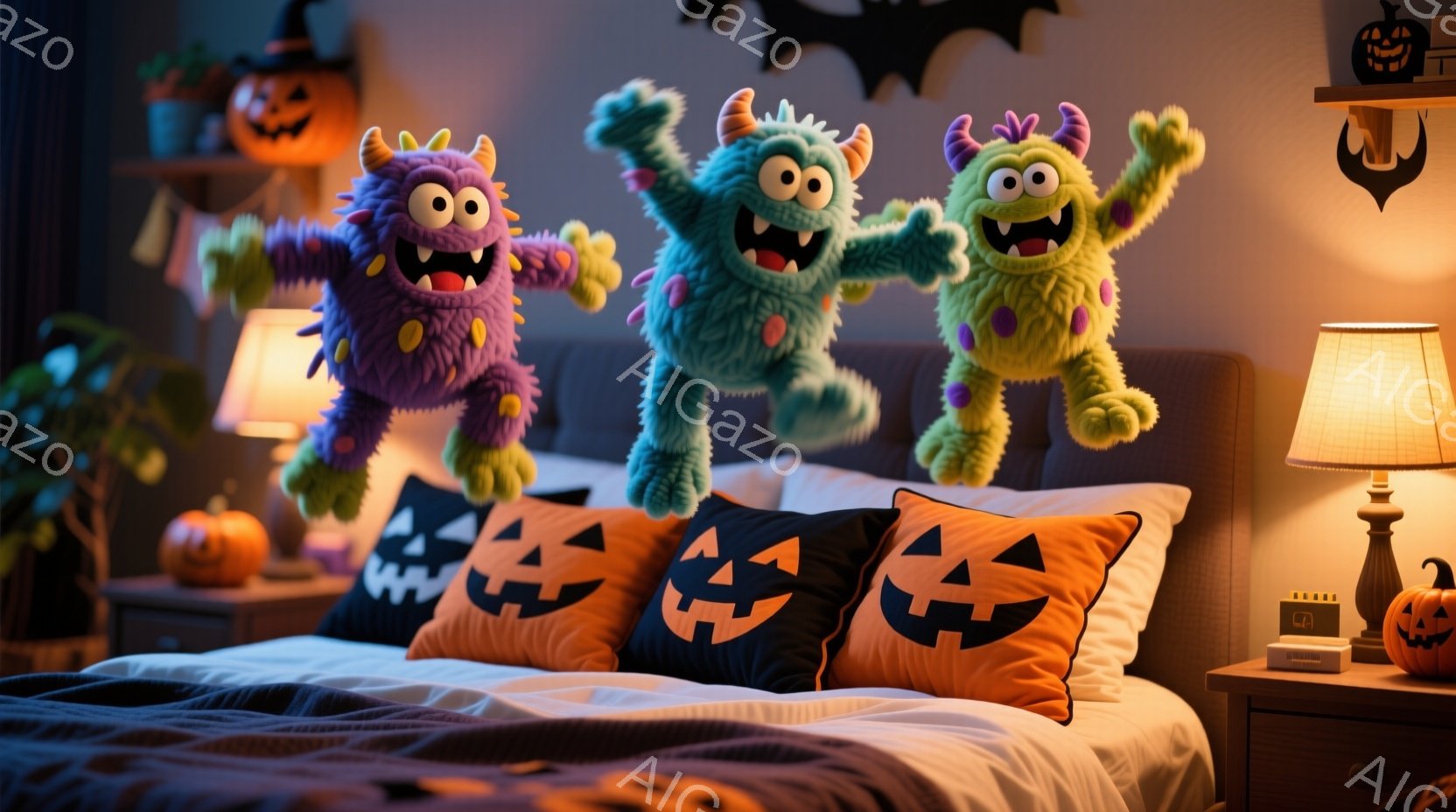 暖色系の照明が照らす寝室には、ハロウィーンをテーマにしたオレンジ色の枕が並べられています。紫と緑の毛むくじゃらのモンスターが枕の上を飛び跳ねて楽しんでいる様子が描かれ、その表情はいたずらっぽく、遊び心 - AI生成フリー素材