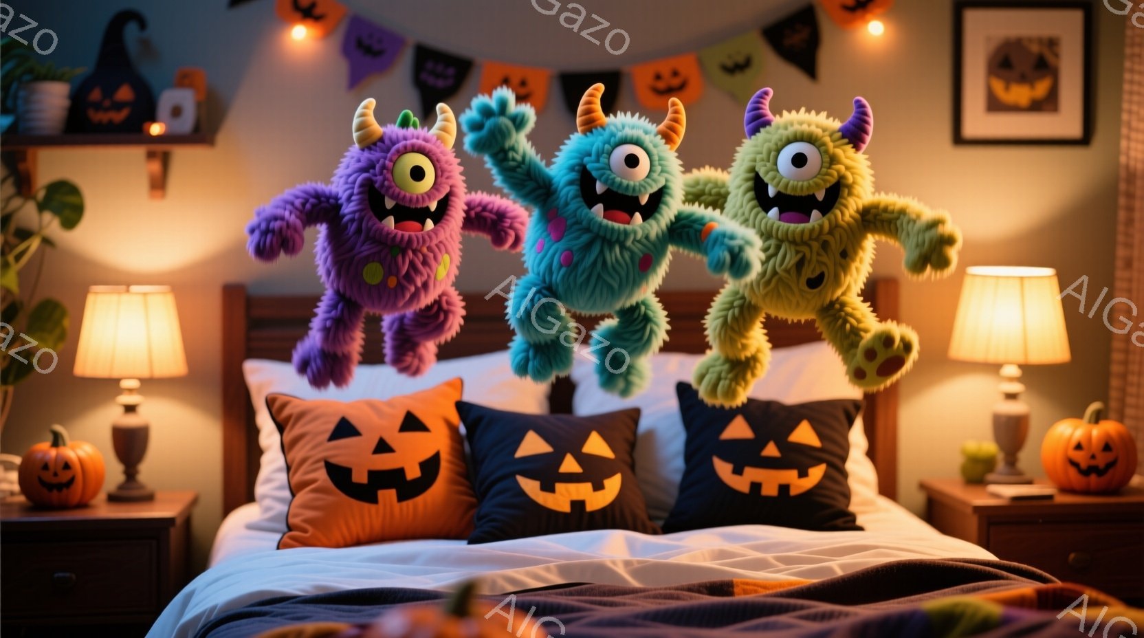 ベッドの上には、紫、緑、オレンジ色の毛むくじゃらのモンスターのぬいぐるみたちが浮かんでいます。背景にはハロウィーンの装飾、カボチャのランタン、そしてオレンジ色のクッションがあり、部屋全体が温かく、お祭 - AI生成フリー素材