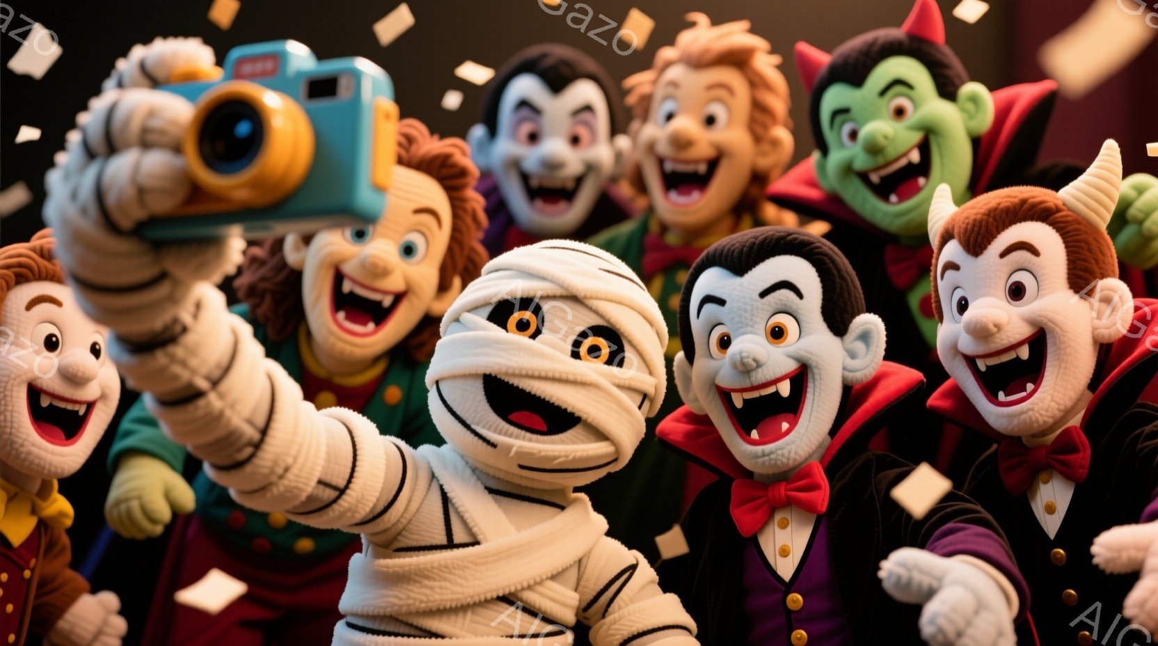 カラフルなハロウィーンのキャラクターたちが、自撮り棒を使って笑顔で集合写真をとっています。ミイラ、吸血鬼、フランケンシュタイン、狼男など、様々なモンスターがおり、それぞれ特徴的な衣装を着ています。背景には紙吹雪が舞い、お祝いムードを盛り上げており、全体的に陽気で楽しい雰囲気です。