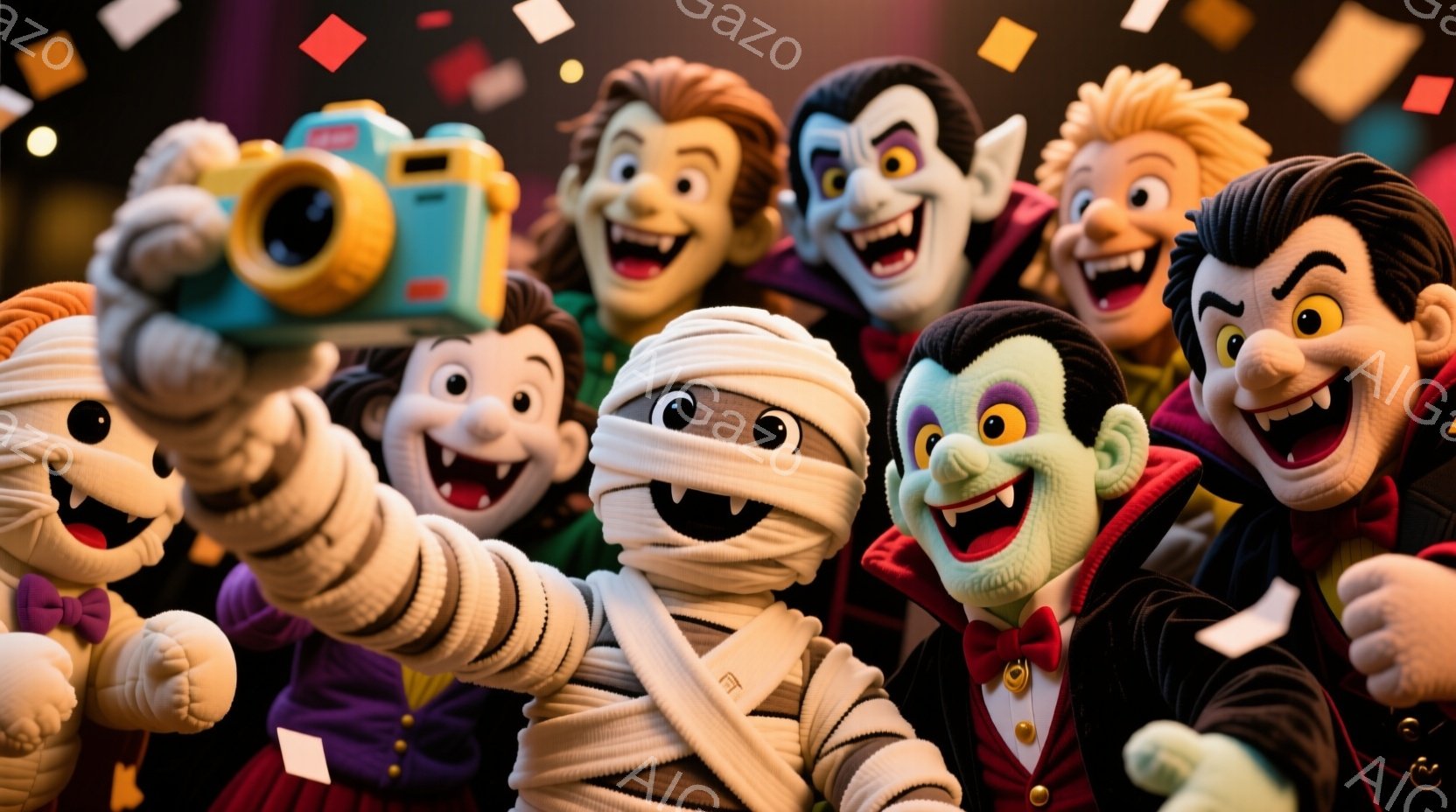 ハロウィーンをテーマにした、カラフルで愉快なキャラクターたちのグループ写真です。ミイラ、ヴァンパイア、フランケンシュタイン、そしてカメラを持ったキャラクターなど、それぞれ異なる衣装を着ており、皆笑顔でカメラに向かってポーズをとっています。背景には紫とオレンジの紙吹雪が舞い、お祝いムードを盛り上げています。