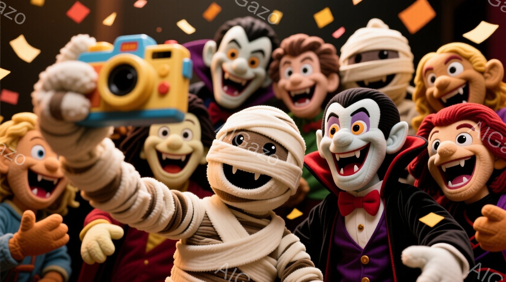 ハロウィーンをテーマにした、カートゥーン調のキャラクターたちがセルフィーを撮っています。ミイラ、ドラキュラ、フランケンシュタインなどのモンスターたちが笑顔でカメラに向かってポーズをとっており、背景にはカラフルな紙吹雪が舞っています。全体的に、陽気で楽しいお祝いの雰囲気が漂っています。