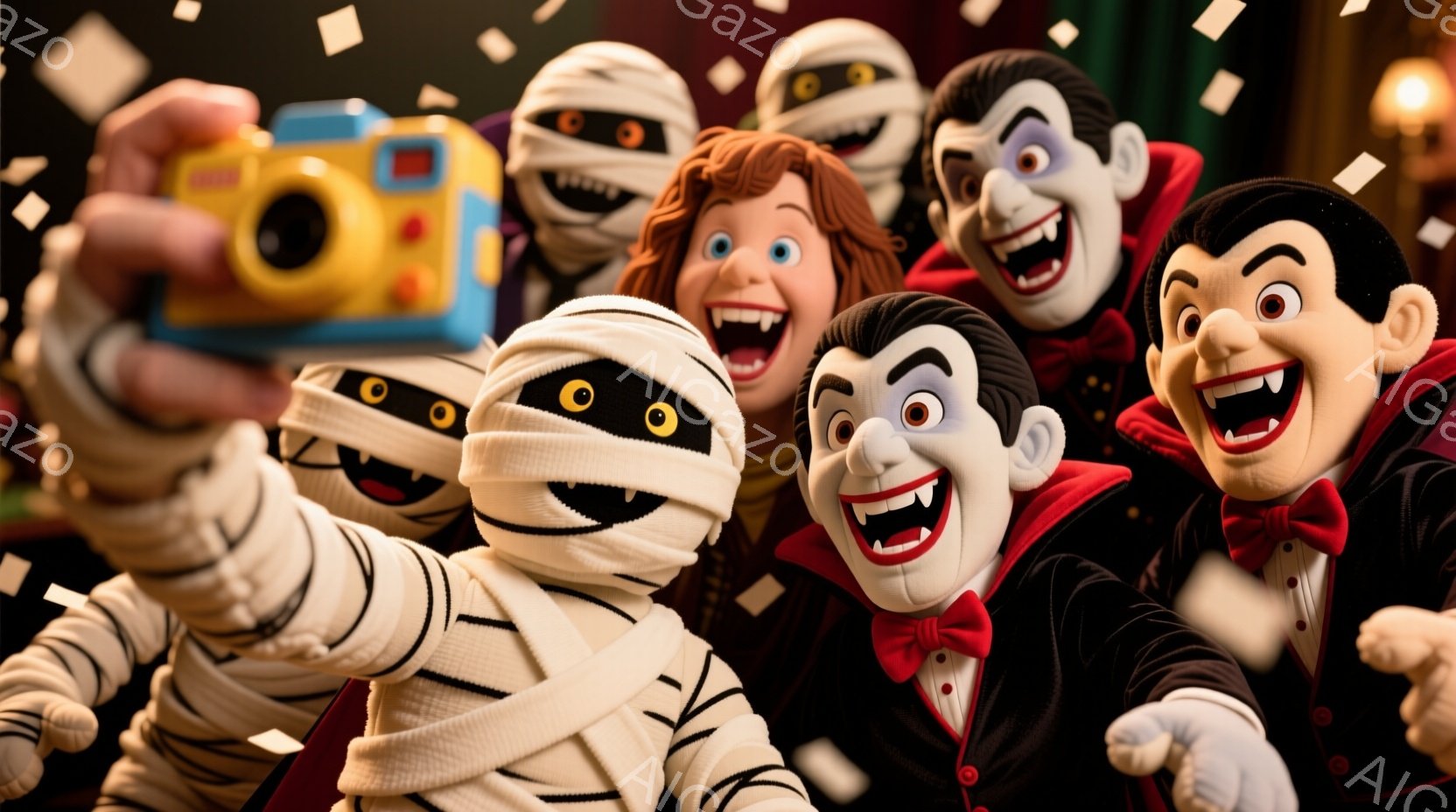 ハロウィーンをテーマにした、おもちゃのようなキャラクターたちが写っています。ミイラ、フランケンシュタイン、ドラキュラ、そして赤毛の女性が登場し、全員が笑顔でカメラに向かってポーズをとっています。背景に - AI生成フリー素材