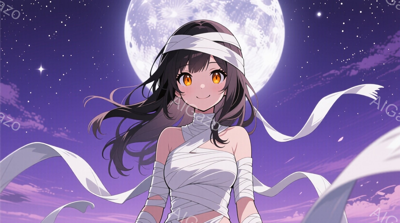 長い黒髪に白い頭巾を巻き、上半身を包帯のような布で覆った女性が描かれています。彼女は少し上目遣いで微笑んでおり、漂う白いリボンが印象的です。背景には紫とピンクのグラデーションの空と満月が広がり、幻想的 - AI生成フリー素材