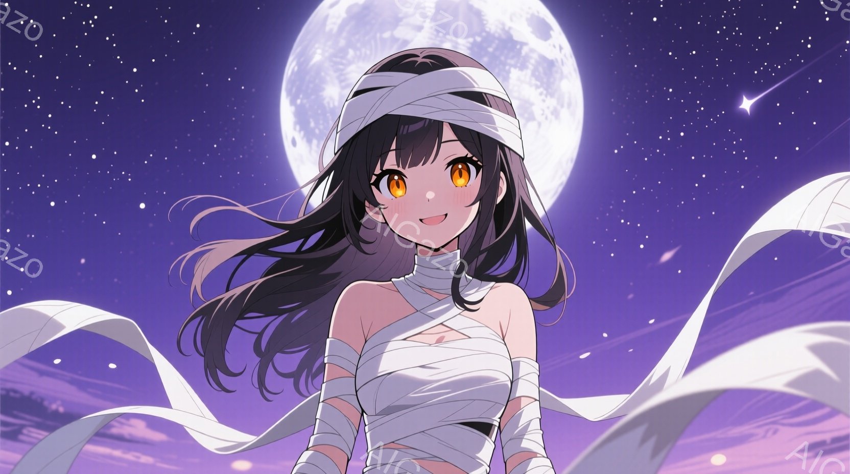 黒髪で長い髪の女性が描かれています。彼女は白のリボンで頭飾りをつけ、上半身には包帯のような白い布で装飾が施されています。背景は紫と青のグラデーションで、満月と星空が広がり、幻想的な雰囲気を醸し出してい - AI生成フリー素材
