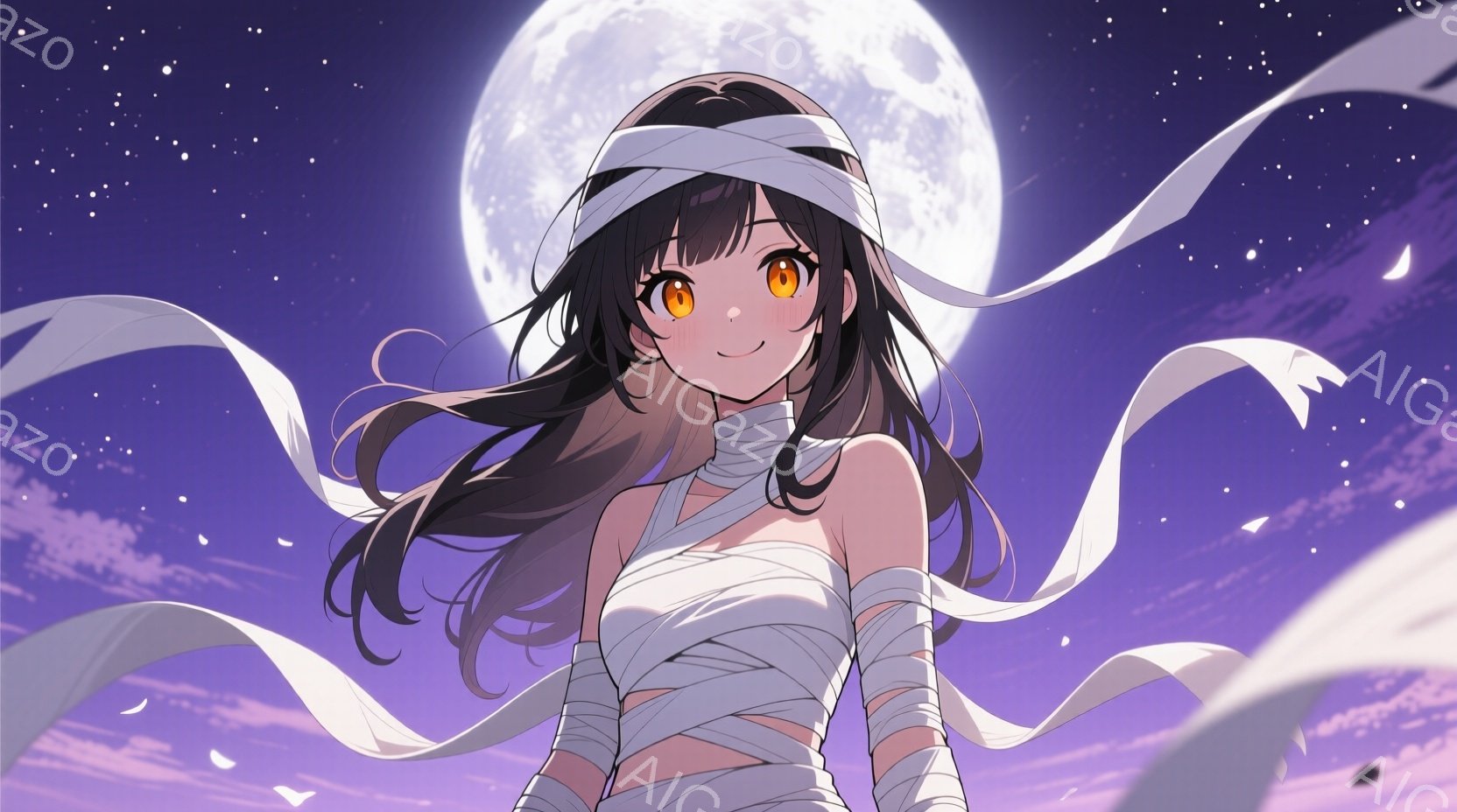 長い黒髪に白いヘッドバンドをつけた女性が描かれています。彼女は白い布で胸と腕を包み、どこか神秘的な雰囲気を醸し出しています。背景には紫と青のグラデーションの夜空と満月が広がり、彼女の表情は明るく、どこ - AI生成フリー素材