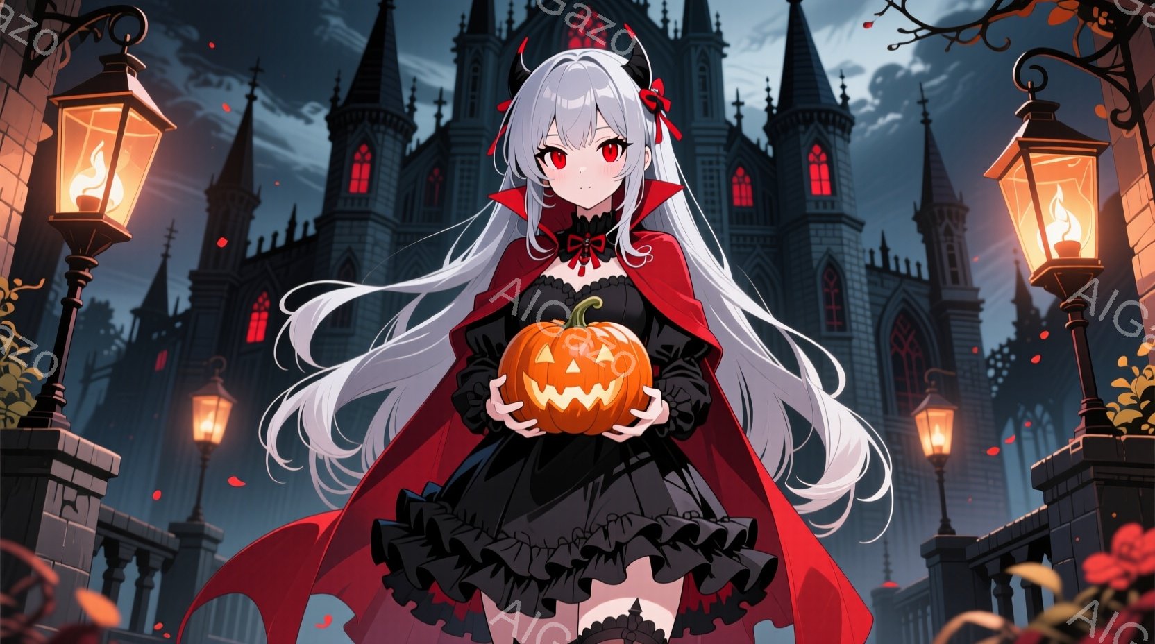 白い長い髪の少女が、黒いフリルドレスと赤いマントを身につけ、ハロウィーンカボチャを抱えています。彼女は少し冷たい表情で、中世風の城が背景にそびえ立っています。夜空には雨が降り、周囲はランタンの光で照らされ、不気味でありながらも幻想的な雰囲気を醸し出しています。
