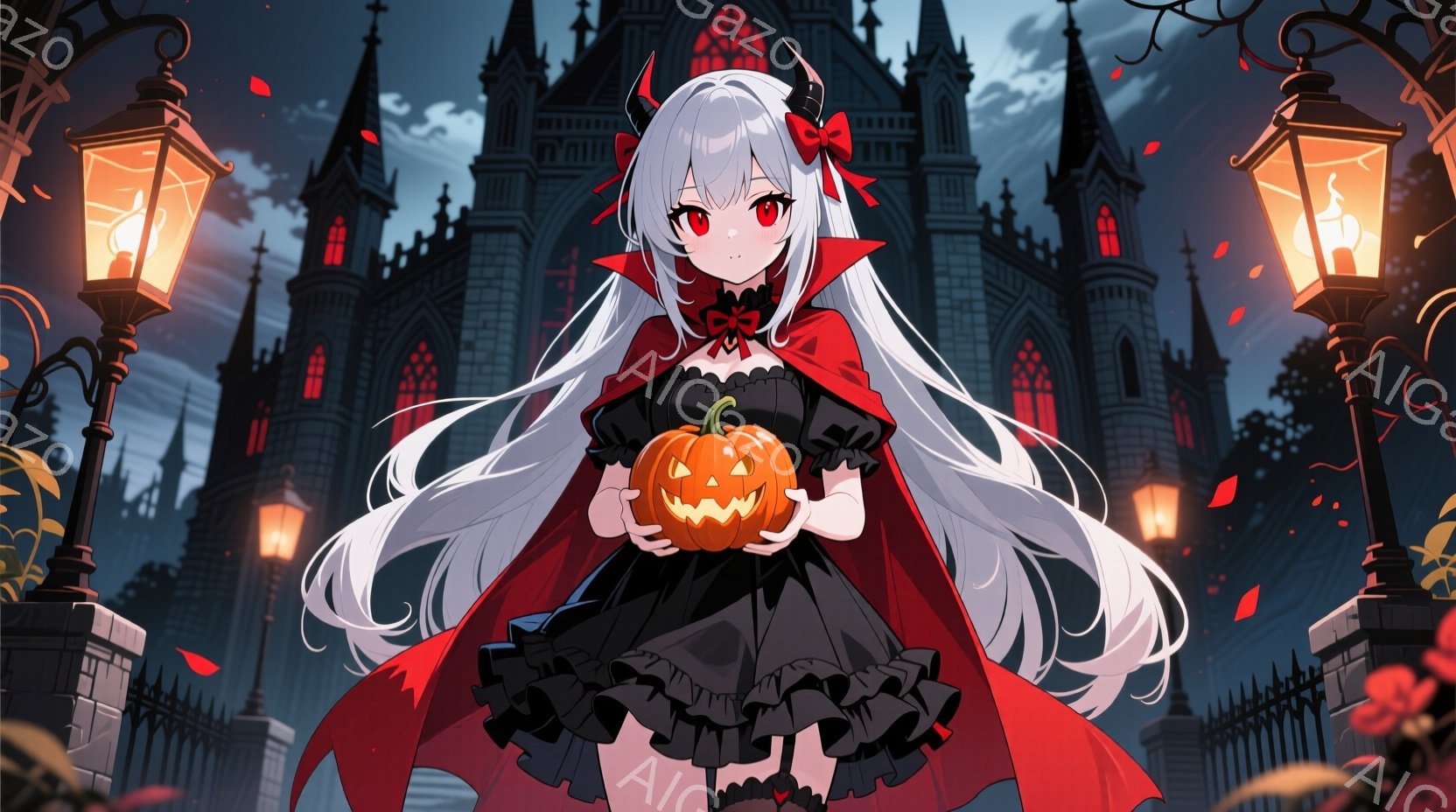 白い長い髪を持つ少女が、赤いマントと黒いフリルドレスを着て、ハロウィーンの小さなカボチャを抱えています。彼女は少し微笑んでおり、赤い瞳が印象的です。背景には、ゴシック様式の城と、落ち葉が舞う暗い夜空が - AI生成フリー素材