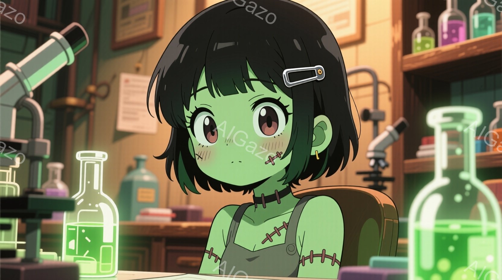 緑色の肌をした若い女性が描かれており、フランケンシュタインの怪物のような縫い目の装飾が施されています。彼女はダークブラウンの短いボブヘアで、髪飾りをつけており、大きな目は明るく輝き、頬はほんのり赤らん - AI生成フリー素材